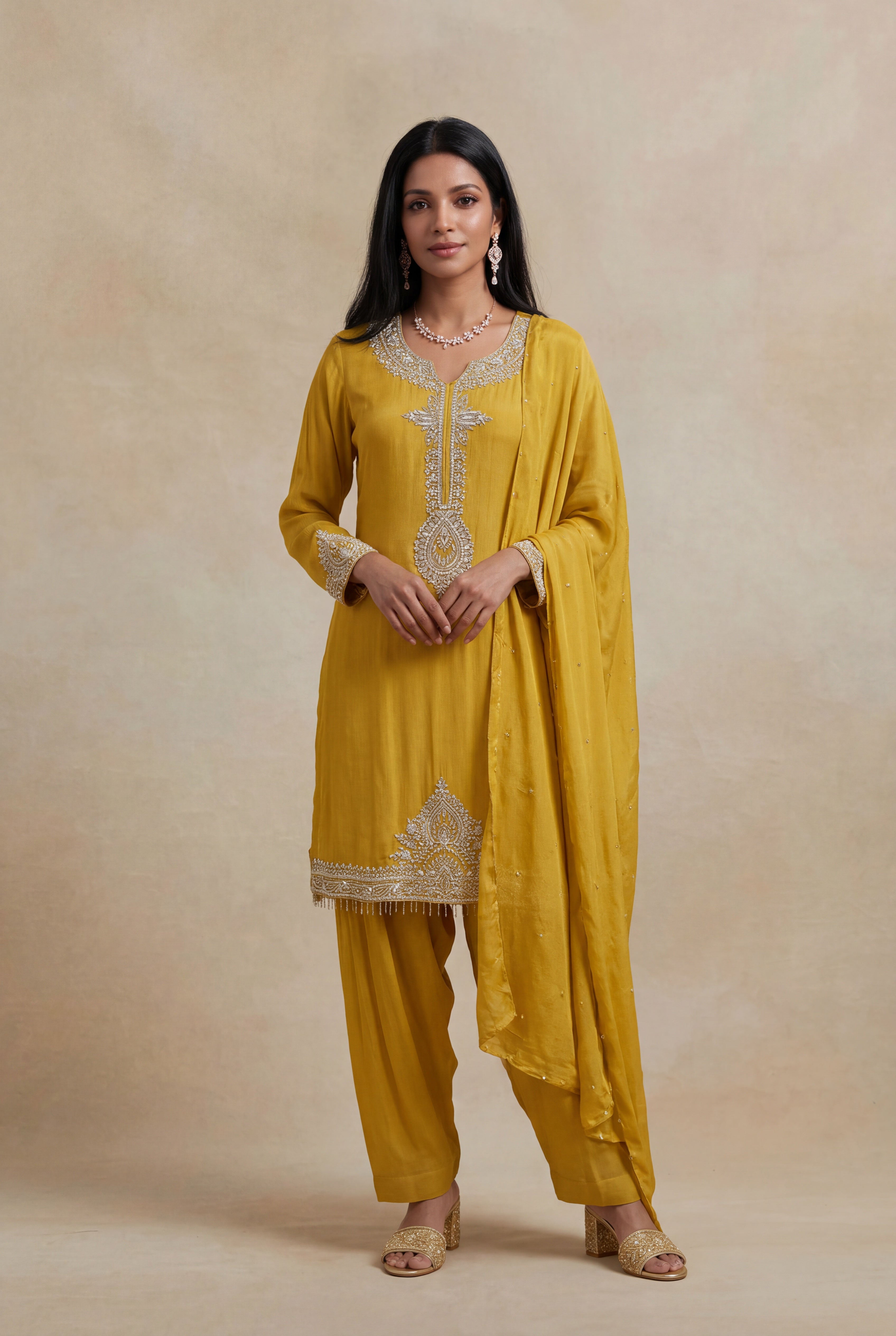 Mustard Yellow Crepe Embroidered Short Top Sharara Set