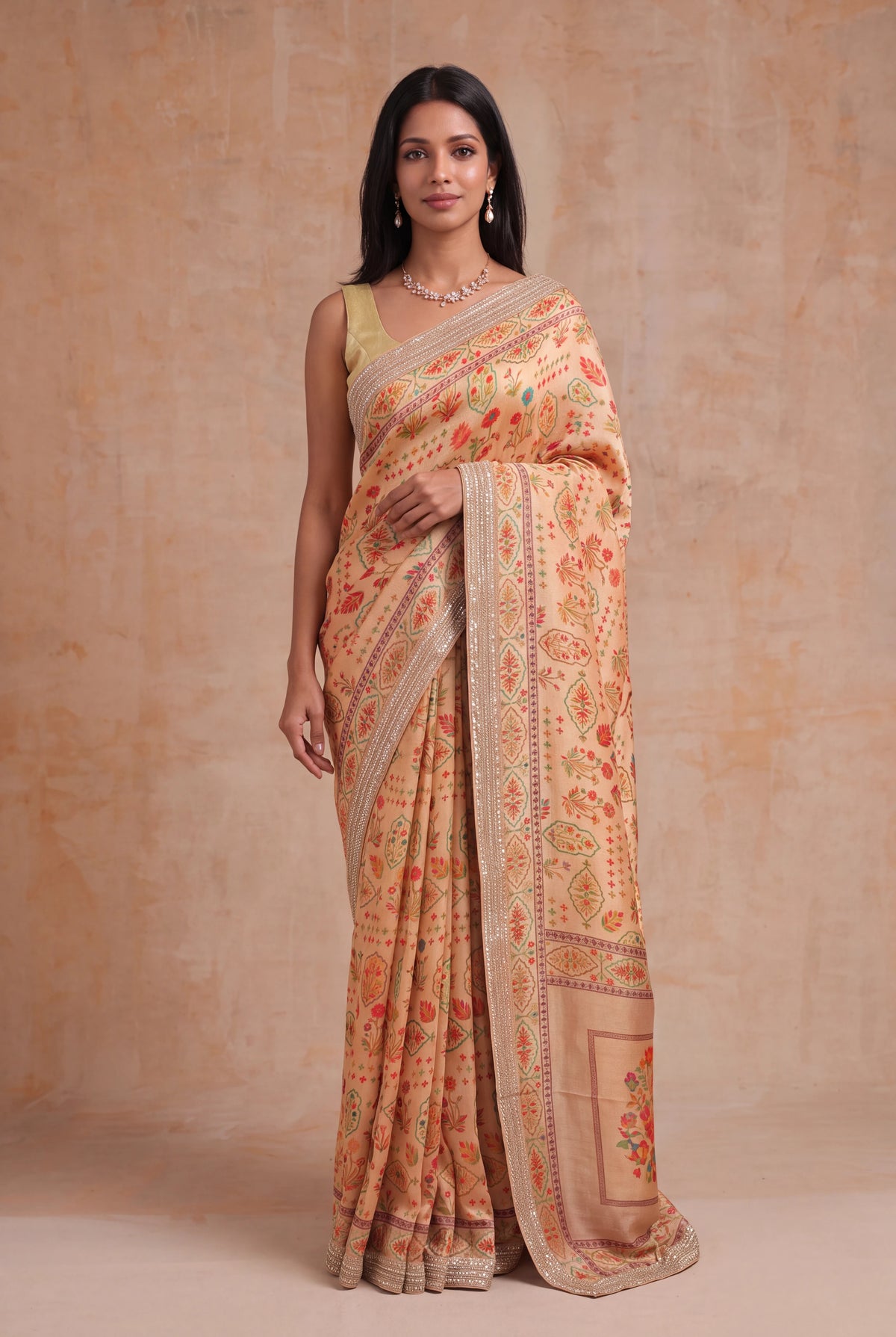 Peach Tissue Georgette Printed Saree - Mokshaa