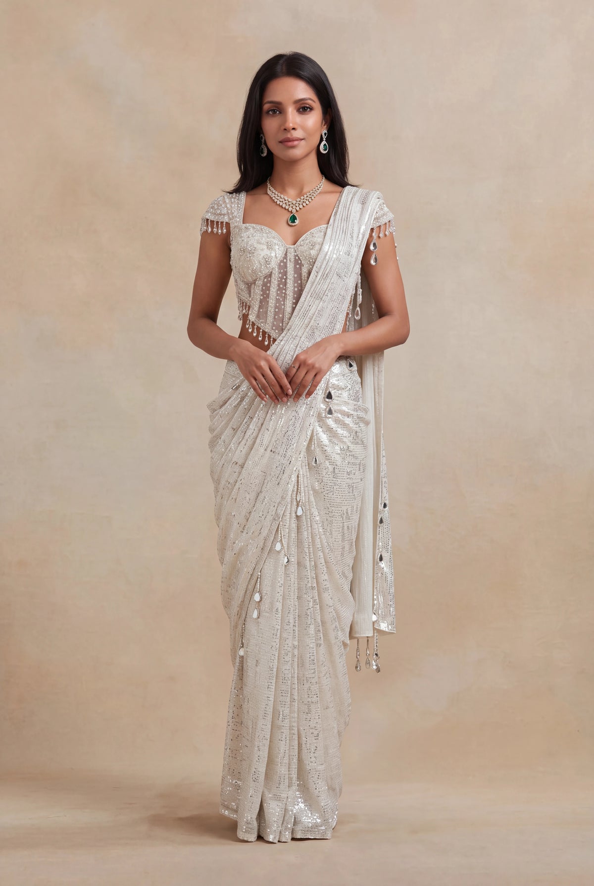 Ivory Net Drape Saree with Embellished Corset Blouse - Mokshaa
