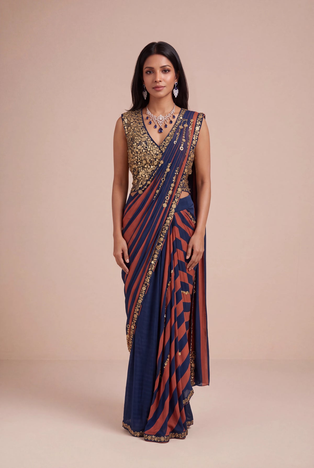Navy Blue & Rust Satin Silk Pre-Draped Saree - Mokshaa