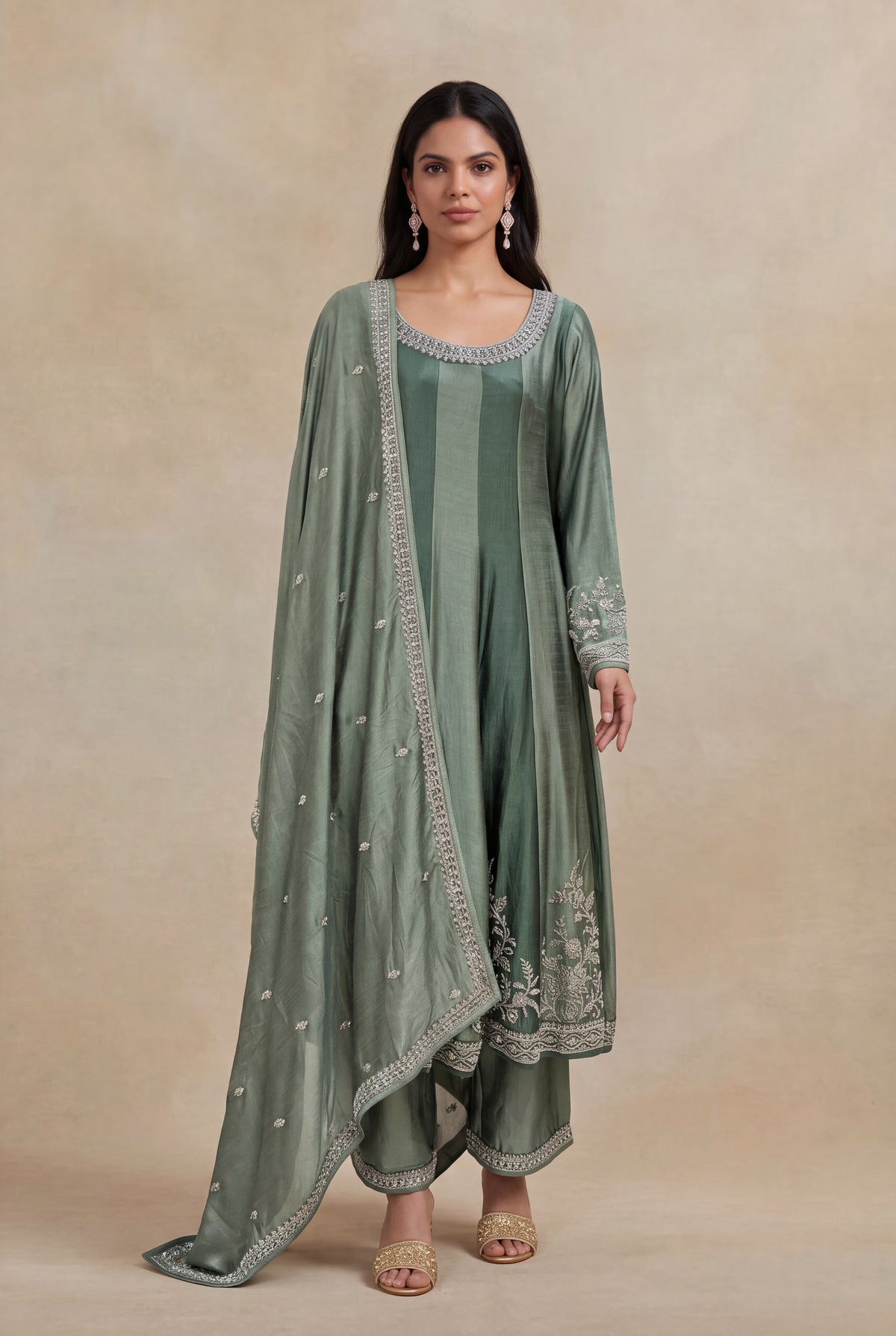 Sage Green Raw Silk Anarkali Set - Mokshaa