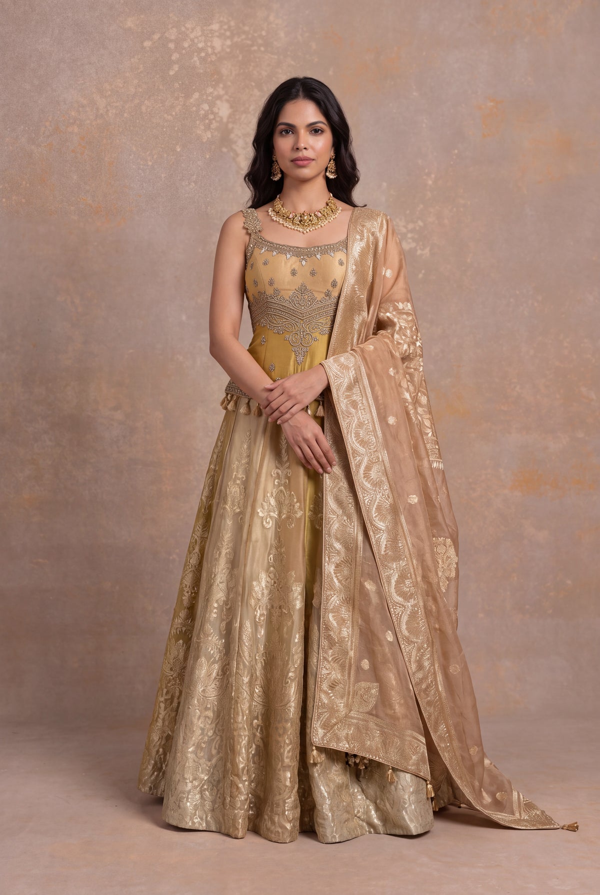 Gold Banarasi Tissue Lehenga with Zardosi & Pearl Work - Mokshaa