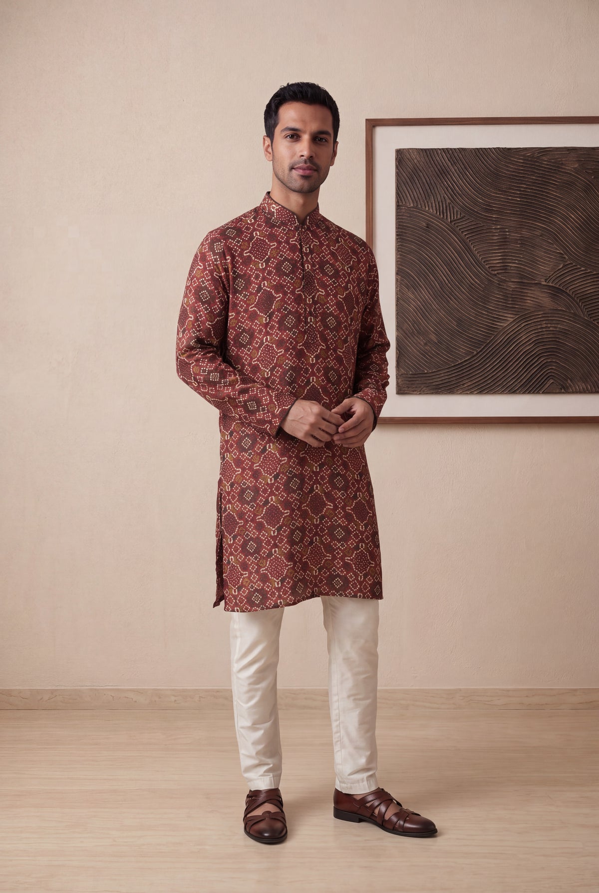Maroon Chanderi Silk Bandhani Kurta Pant Set - Mokshaa