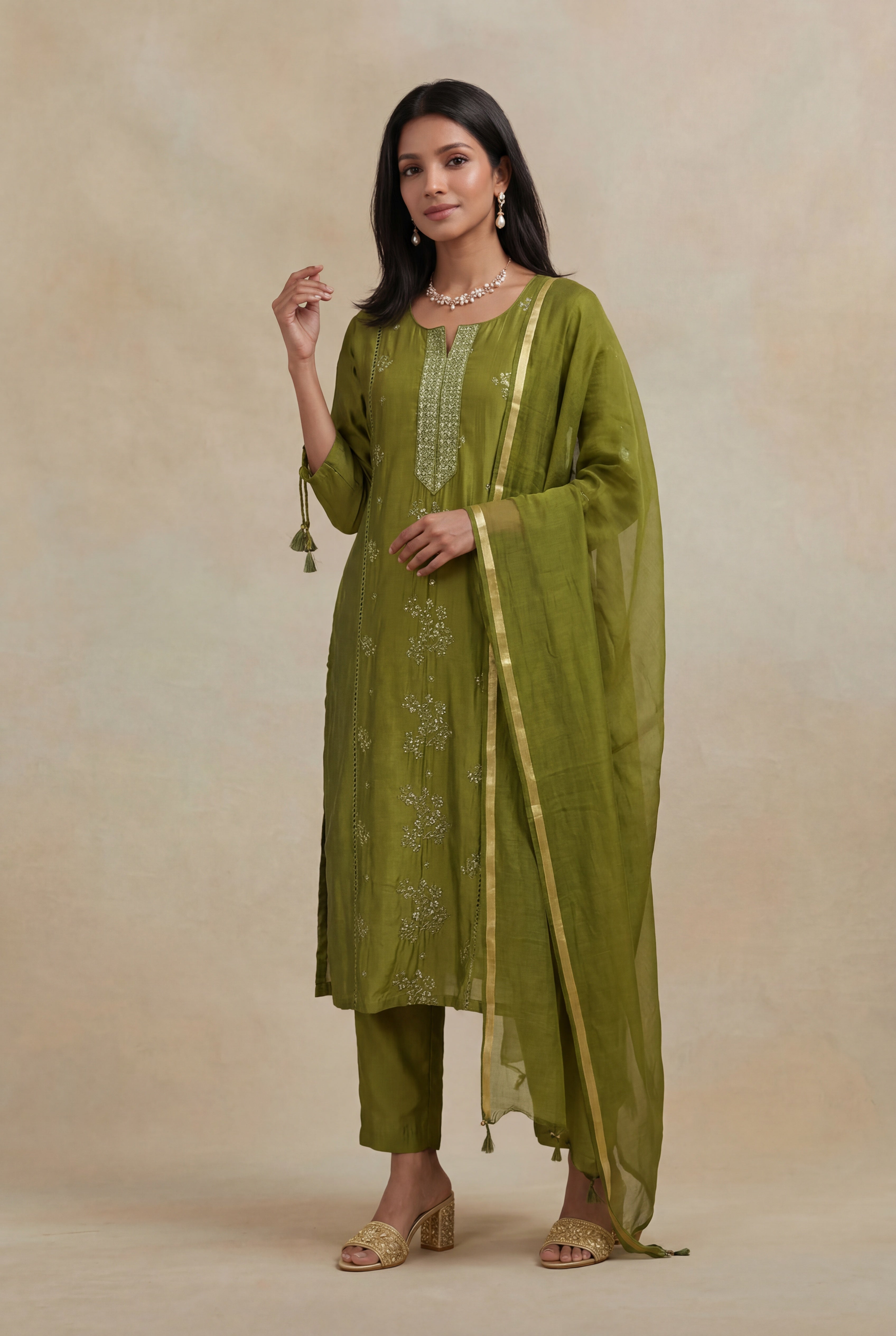 Olive Green Mulmul Cotton Straight Cut Salwar Set