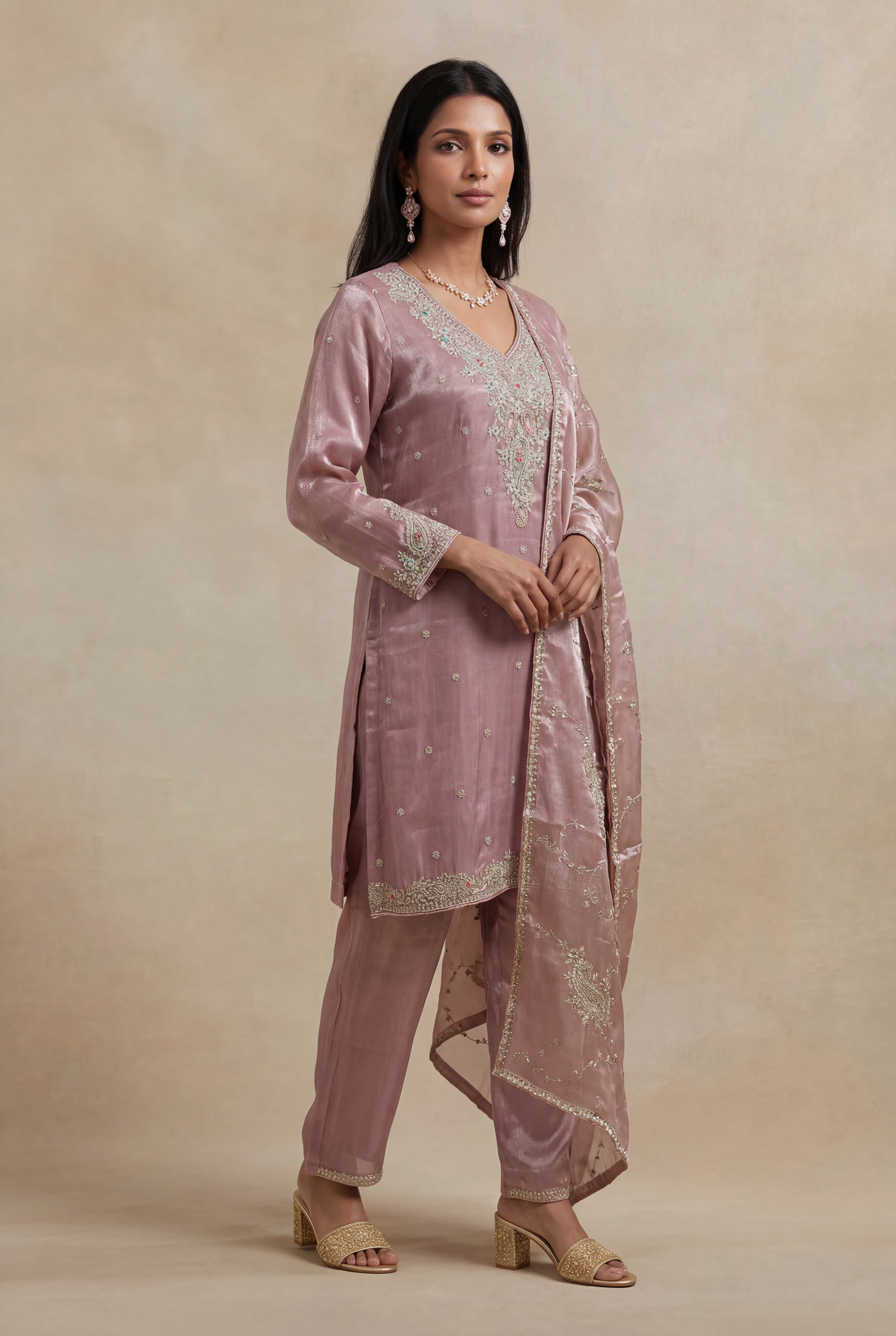 Lavender Tissue Short Kurta with Straight Pants