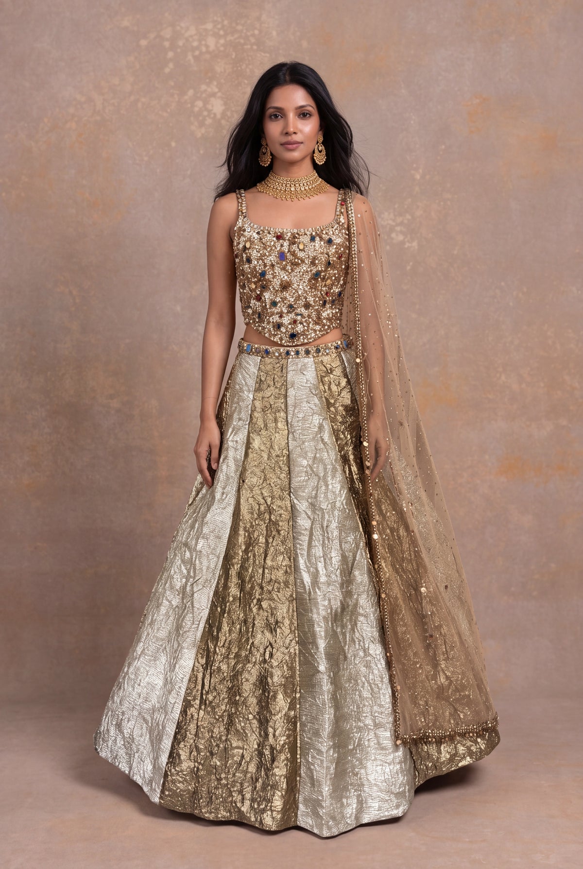 Golden Crush Tissue Jewel Work Lehenga - Mokshaa