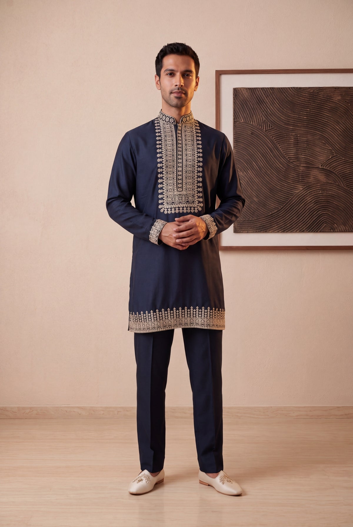 Navy Blue Embroidered Silk Kurta Set - Mokshaa