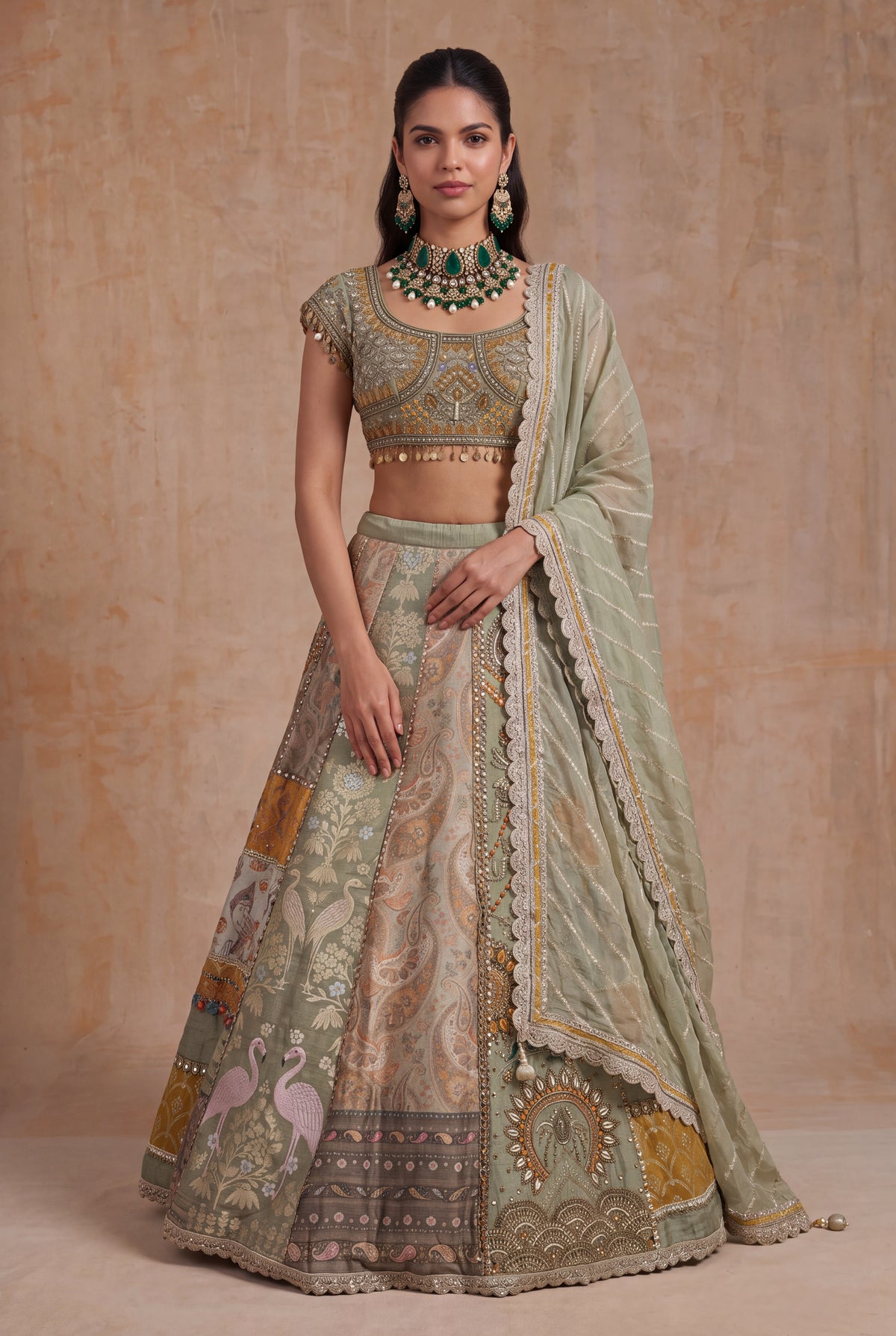 Light Green & Mustard Banarasi Printed Lehenga - Mokshaa