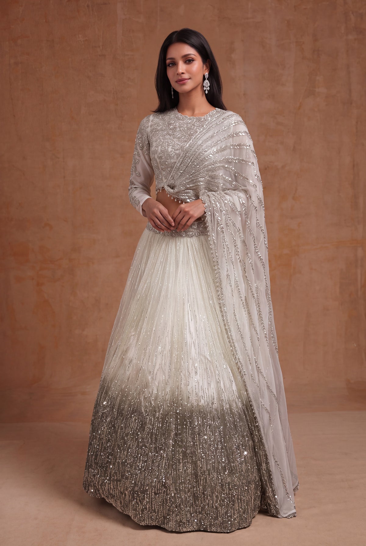 Ivory Organza Ombre Sequin Lehenga - Mokshaa