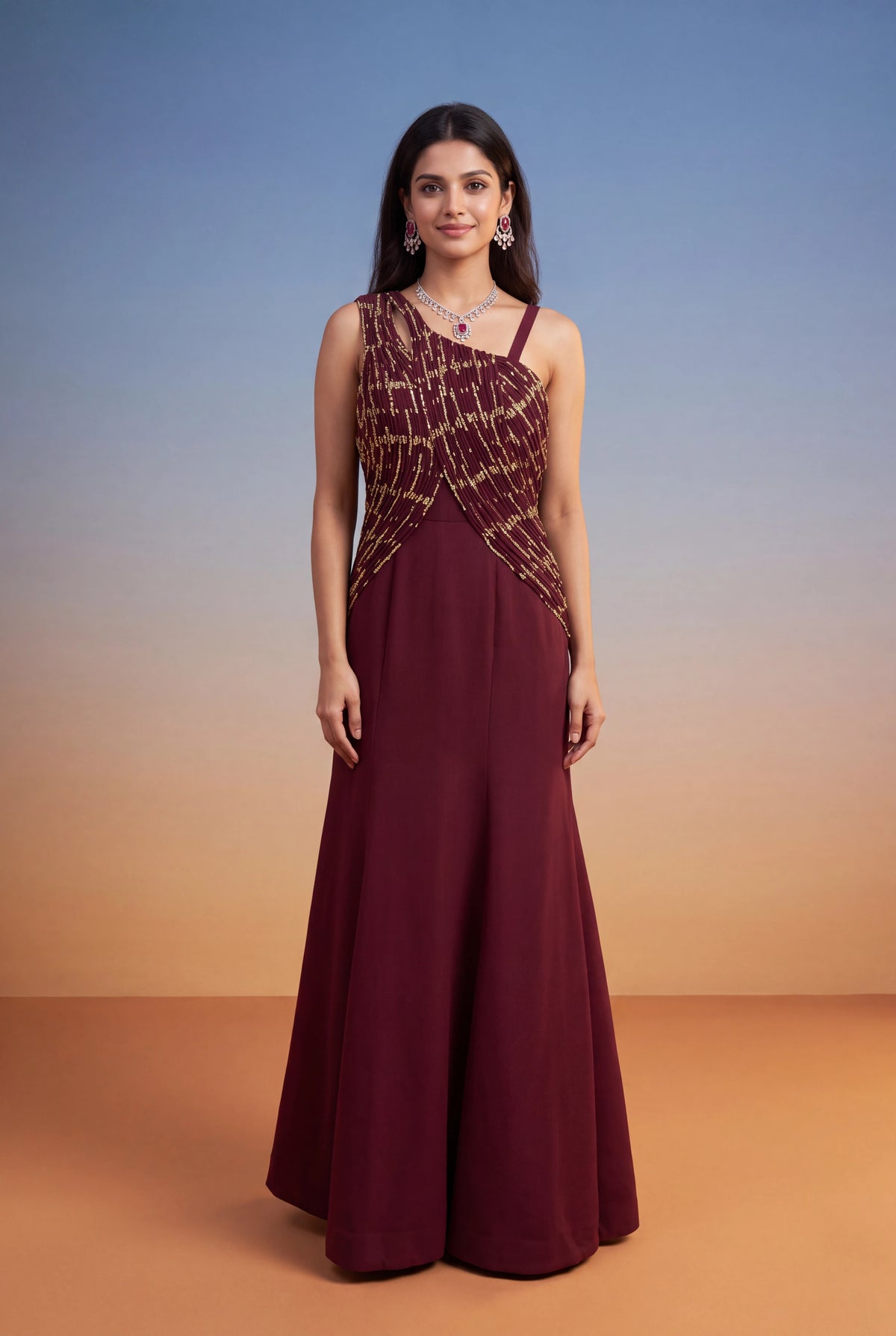 Wine Silk Banarasi Weave Western Gown - Mokshaa