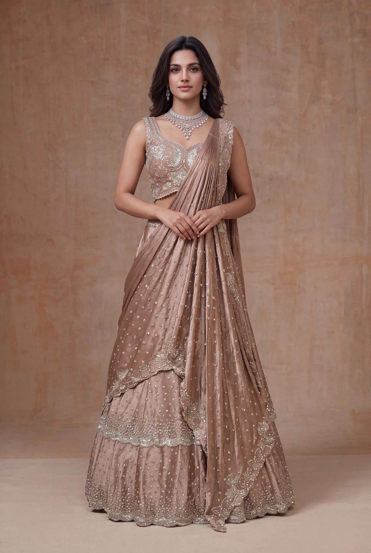 Rose Taupe Satin Silk Draped Lehenga with Sequin Work - Mokshaa