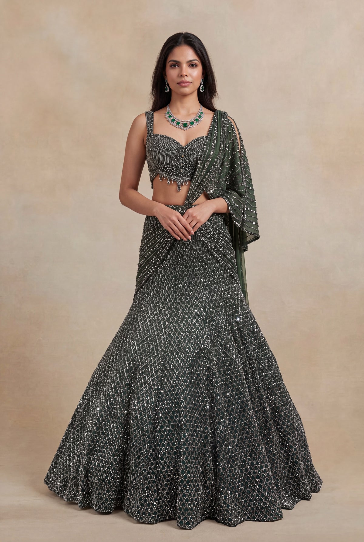 Mehandi Green Net Lehenga - Mokshaa