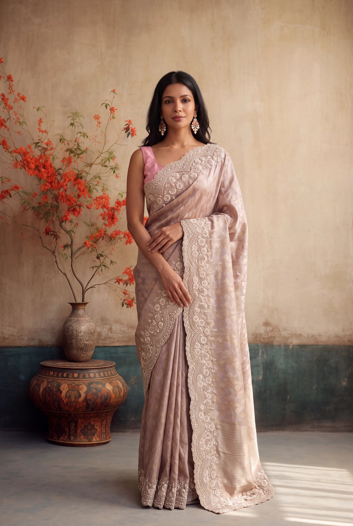 Peach Zari Weave Saree with Scalloped Border - Mokshaa