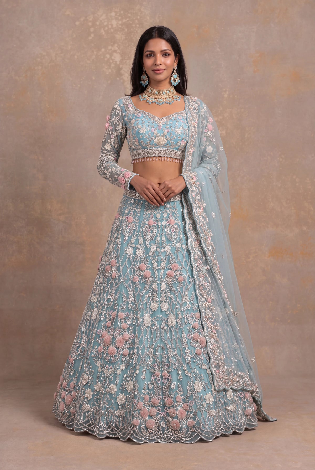 Sea Blue Net Lehenga Set with Sequin and Floral Applique Work - Mokshaa