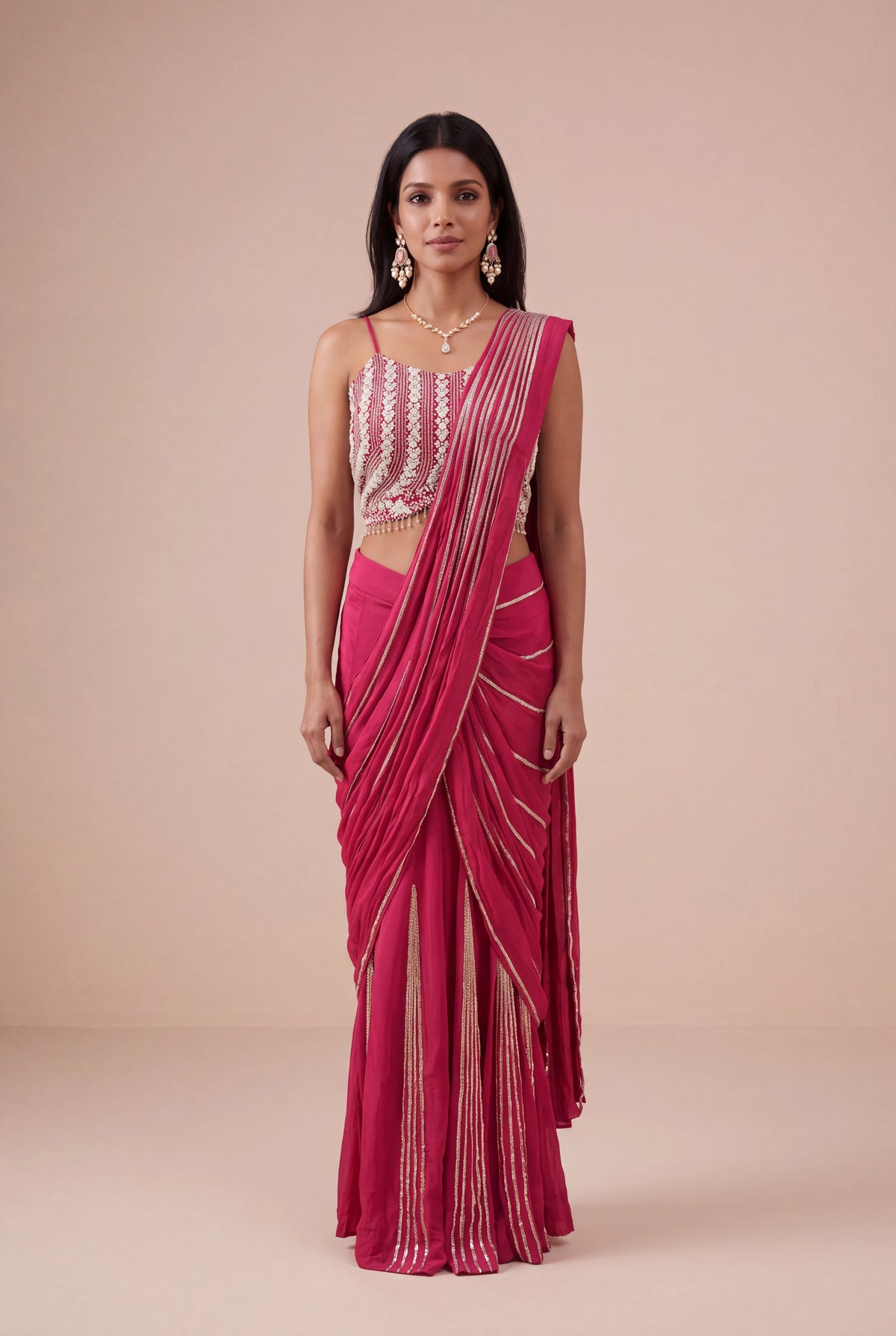 Rani Pink Chinon Crepe Draped Saree - Mokshaa