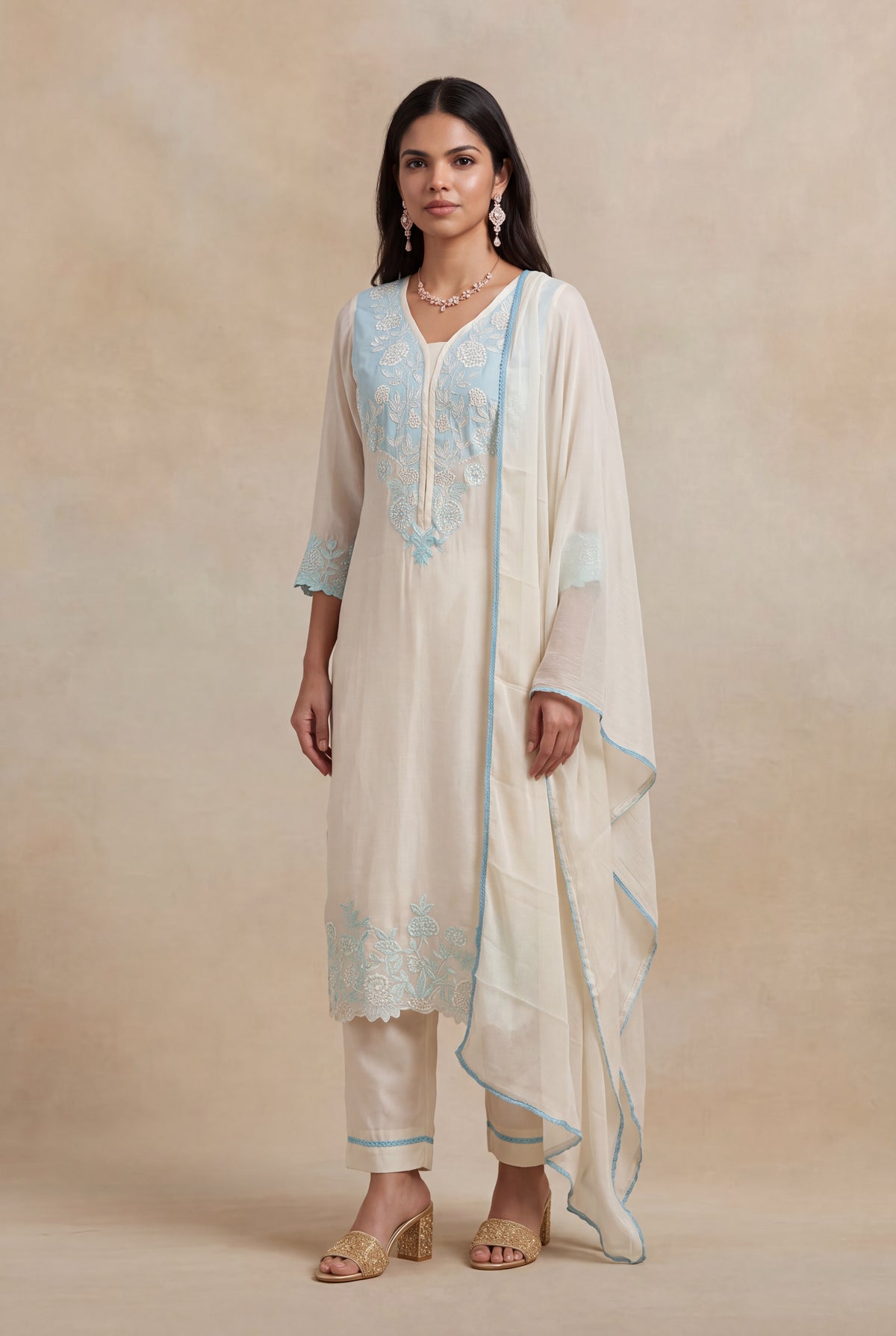 Ivory Mul Cotton Straight-Cut Salwar Set - Mokshaa
