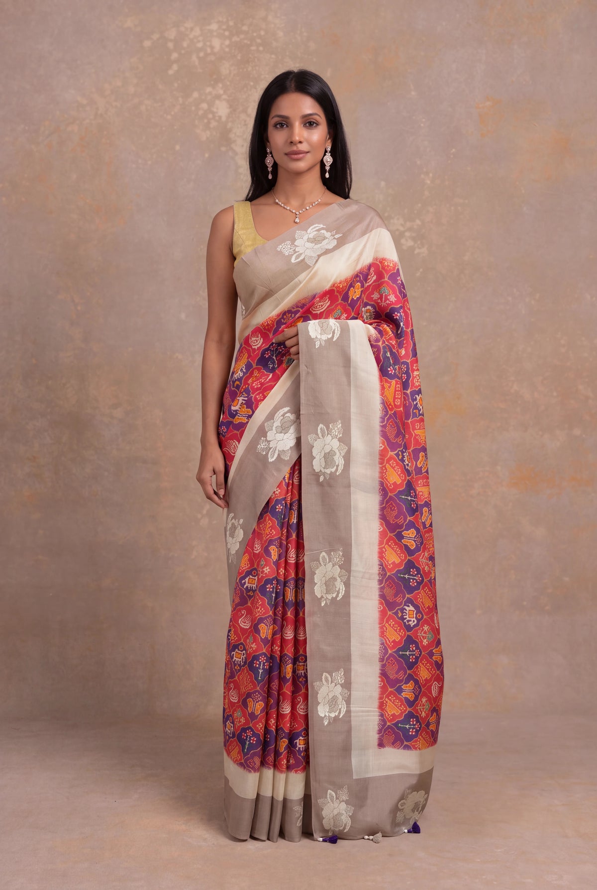 Multicolour Tussar Silk Saree with Ikkat Print - Mokshaa