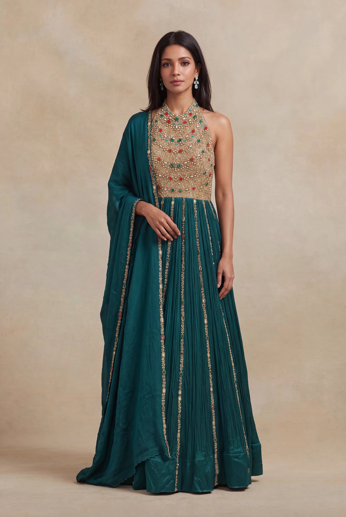 Teal Green Halter Gown with Multi-Stone Zari Embroidery - Mokshaa