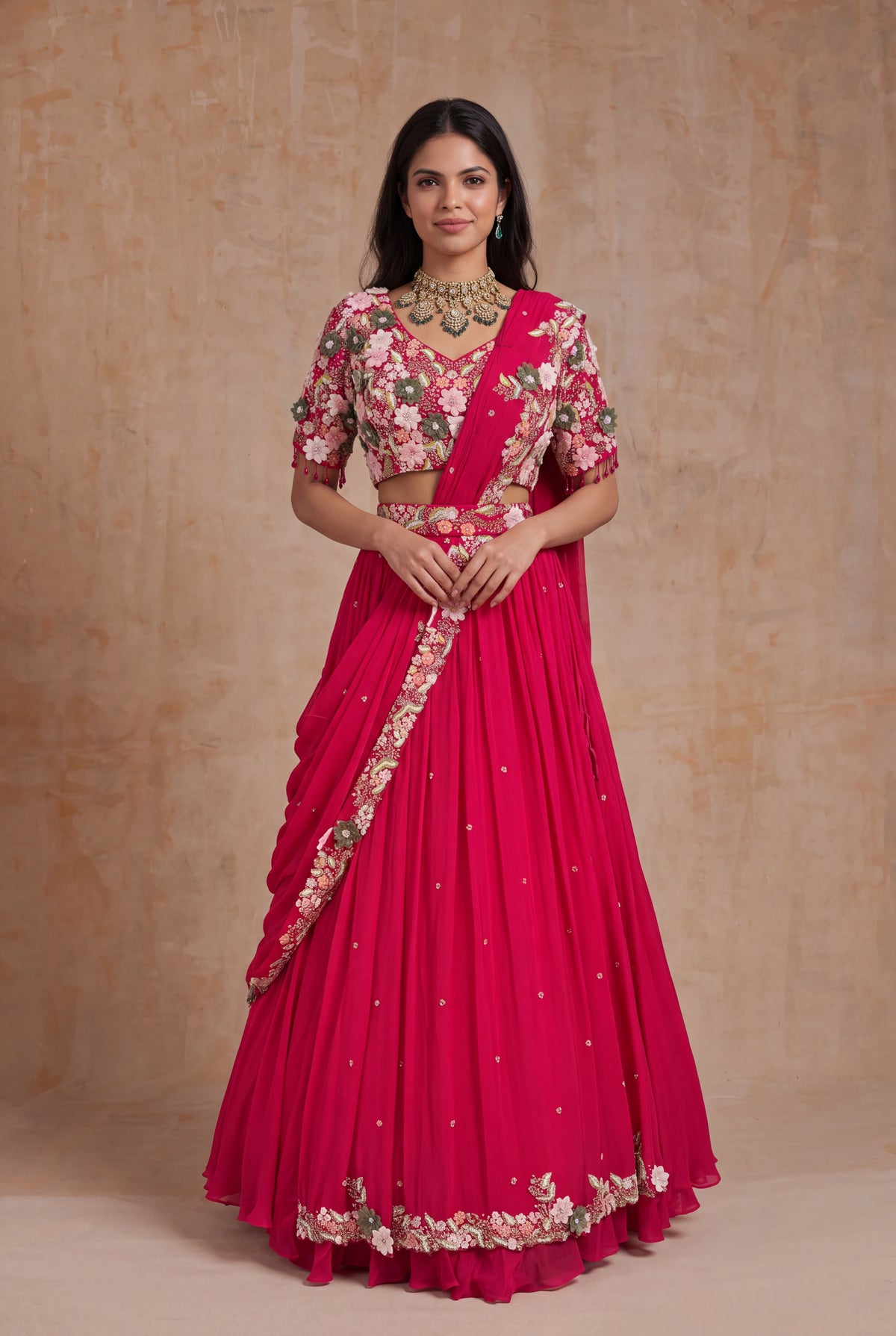 Pink Crepe Half Saree Lehenga with 3D Floral Work - Mokshaa