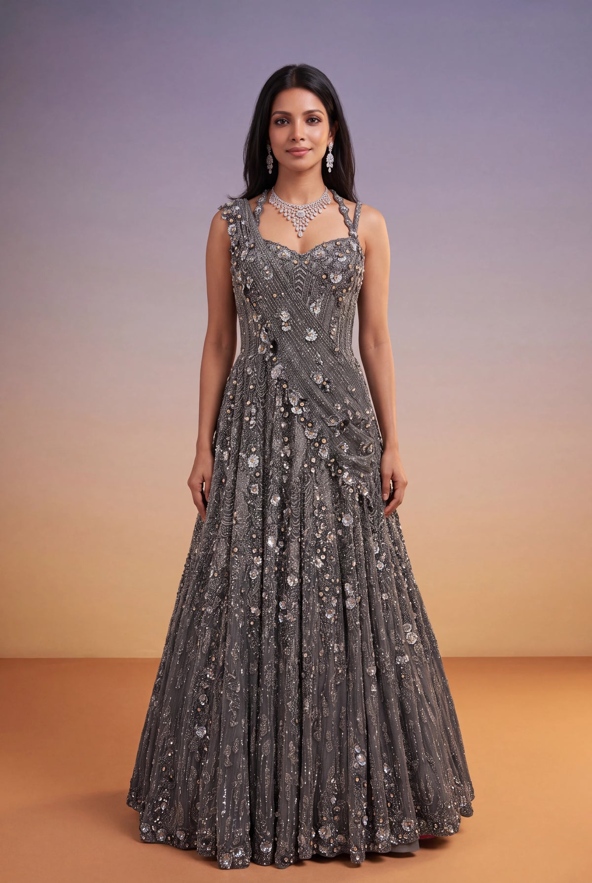 Grey Net Gown - Mokshaa