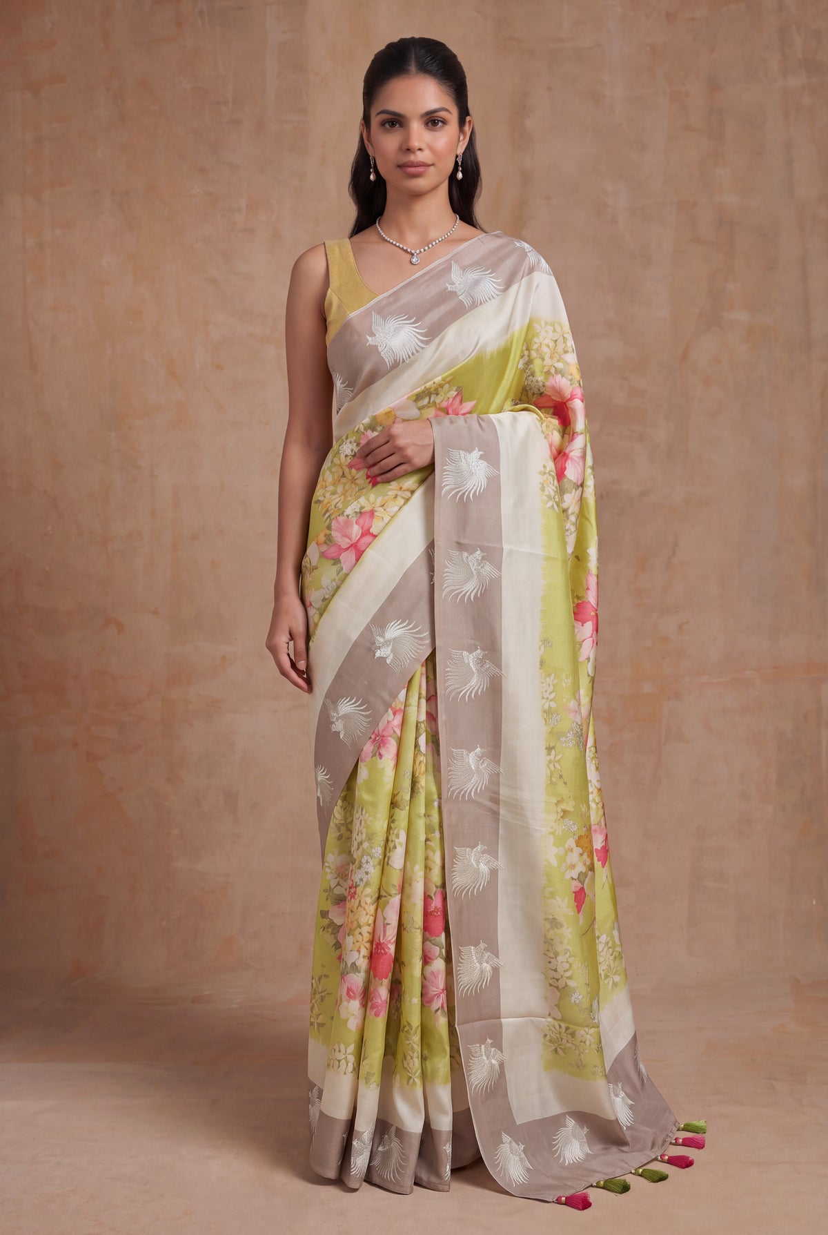 Lime Green Tussar Silk Saree - Mokshaa