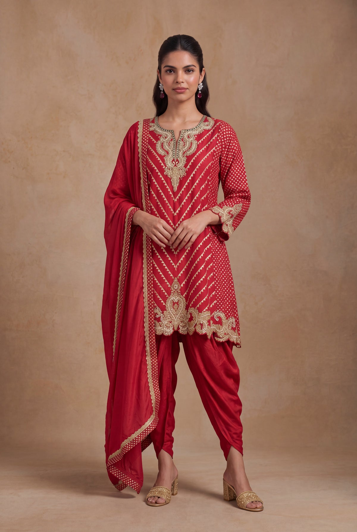 Cherry Red Banarasi Silk Indo Western Set with Zari and Pearl Work - Mokshaa