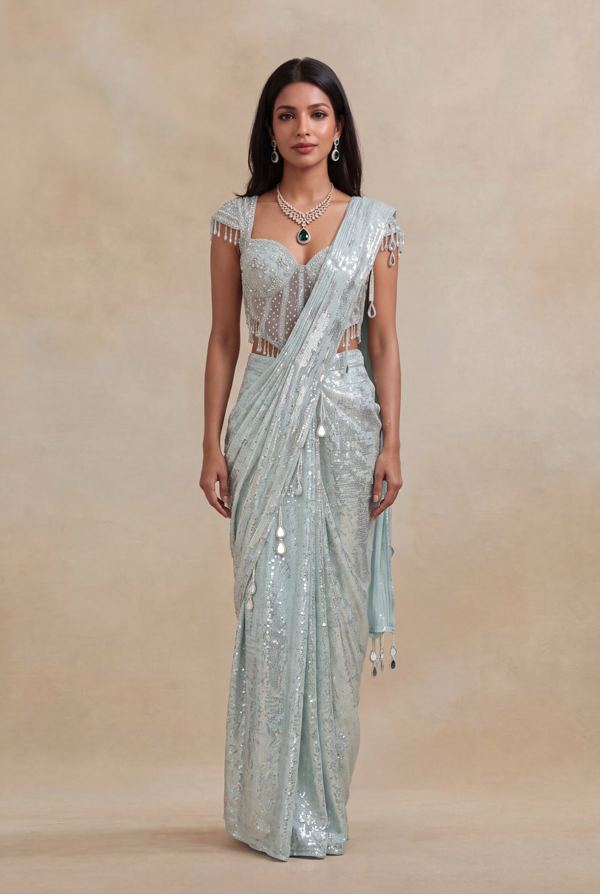 Ice Blue Net Drape Saree with Embellished Corset Blouse - Mokshaa