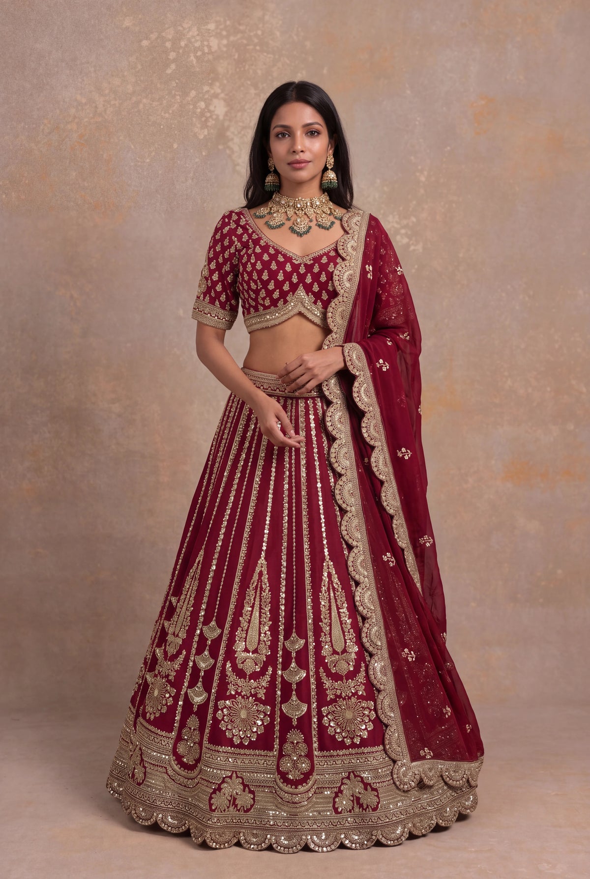 Maroon Raw Silk Lehenga Set with Cutdana Work - Mokshaa