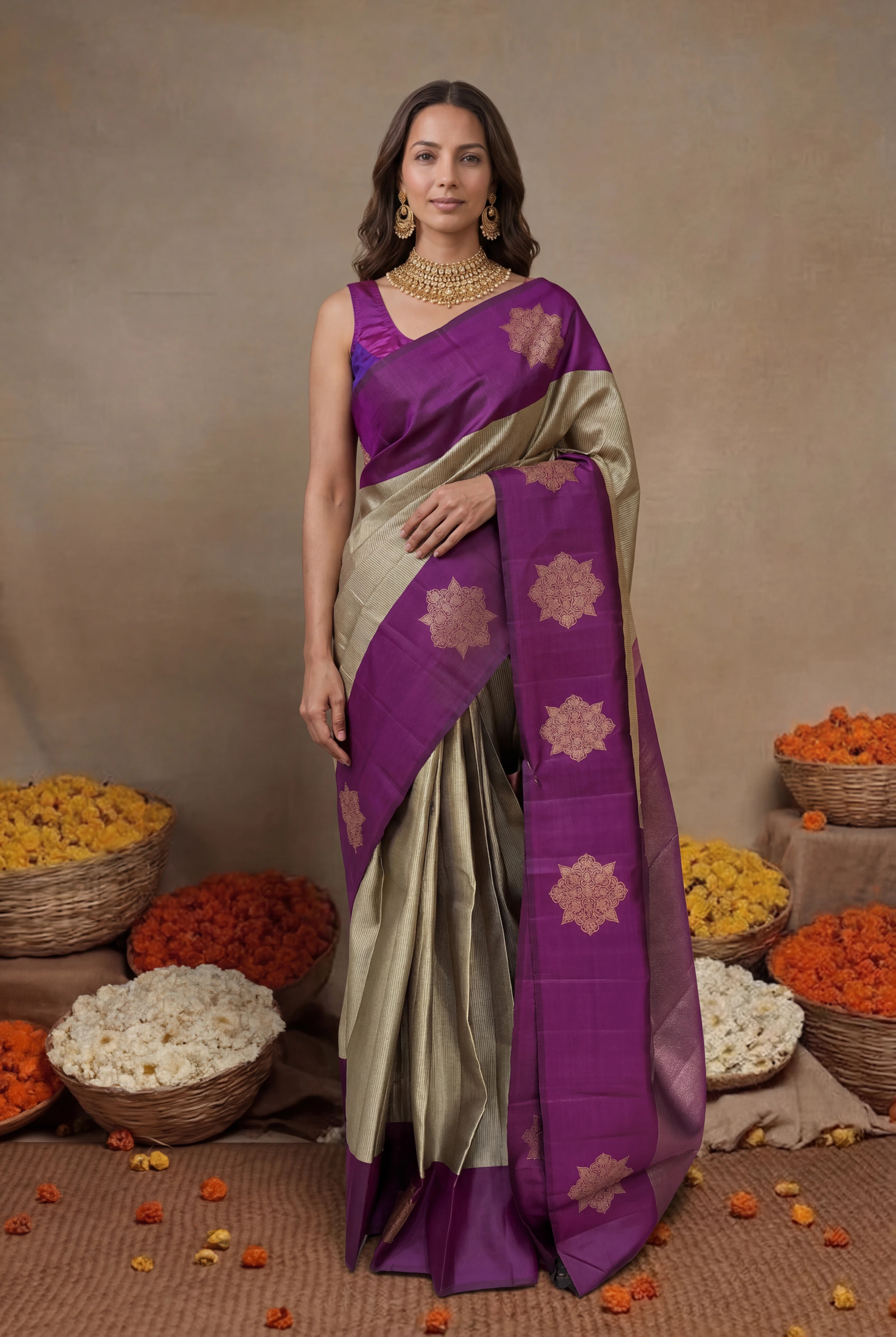 Dusty Gold Kanchivaram Silk Saree