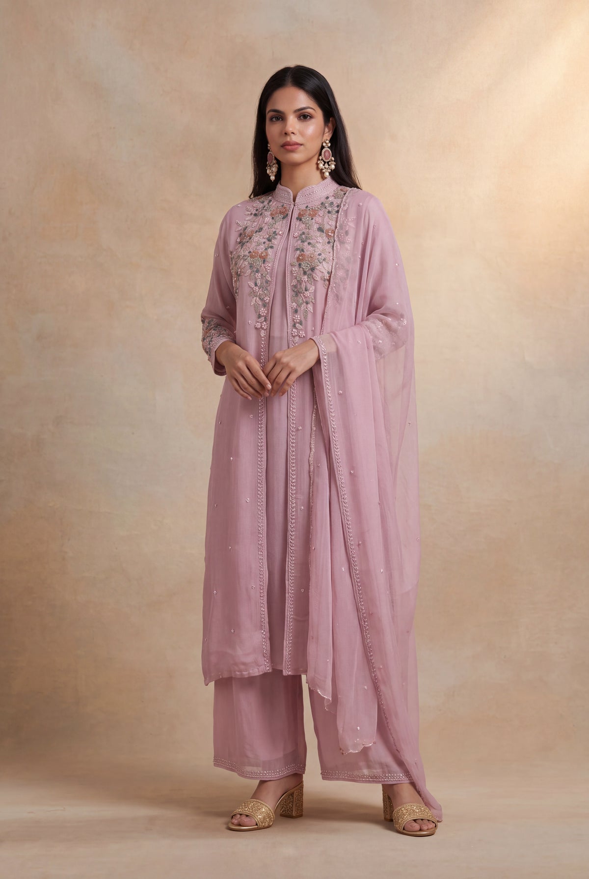 Dusty Pink Crepe Indo-Western Sharara Set - Mokshaa