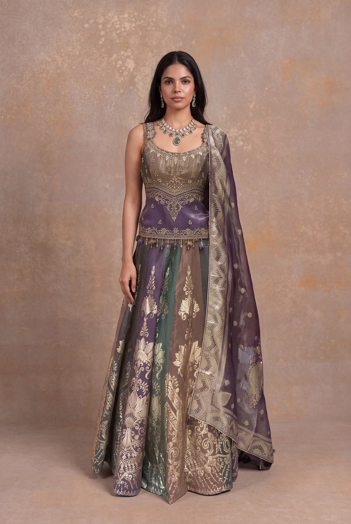 Multicolor Banarasi Tissue Lehenga with Zardosi & Pearl Work - Mokshaa