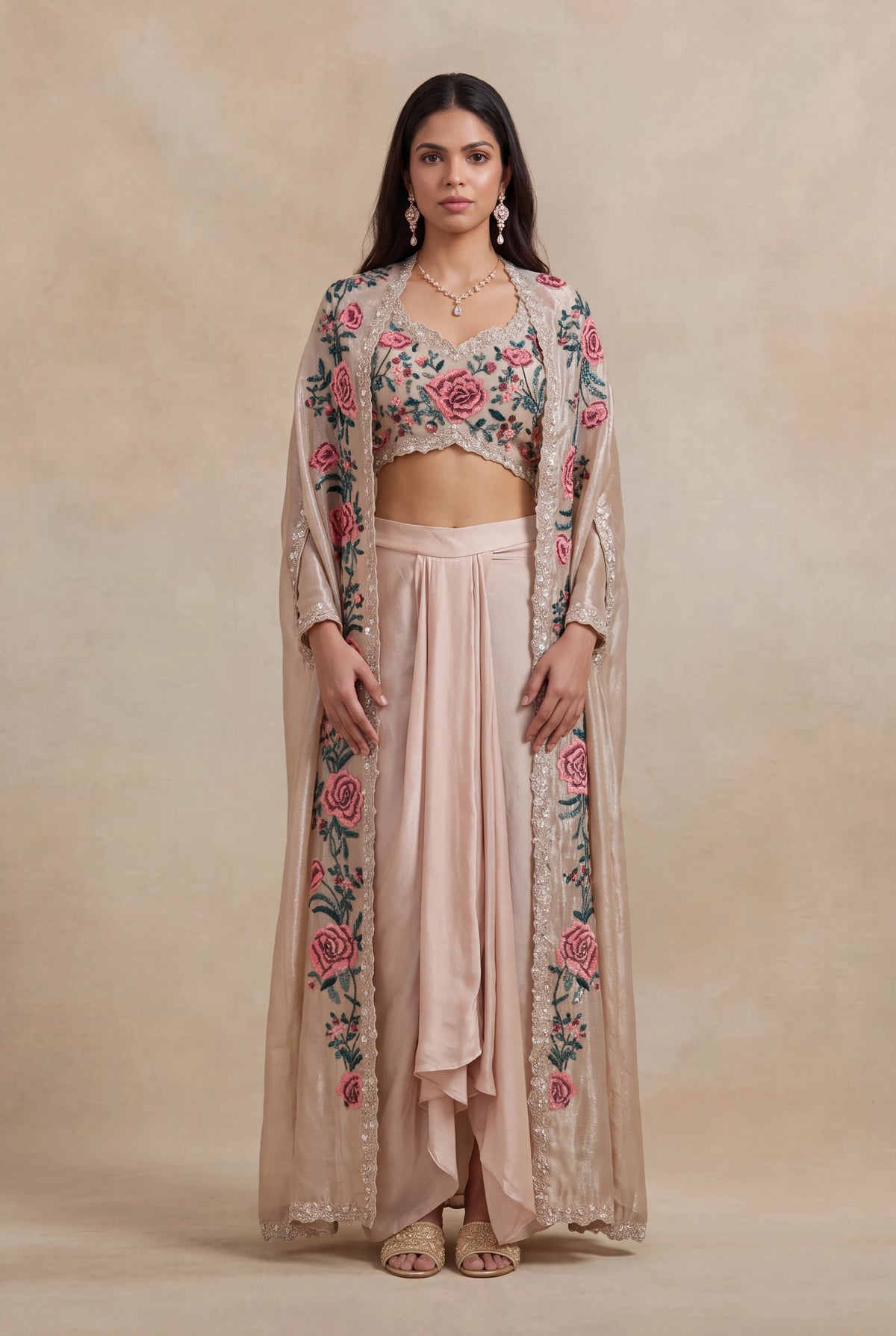 Blush Satin Floral Embroidered Indo-Western Cape Set - Mokshaa