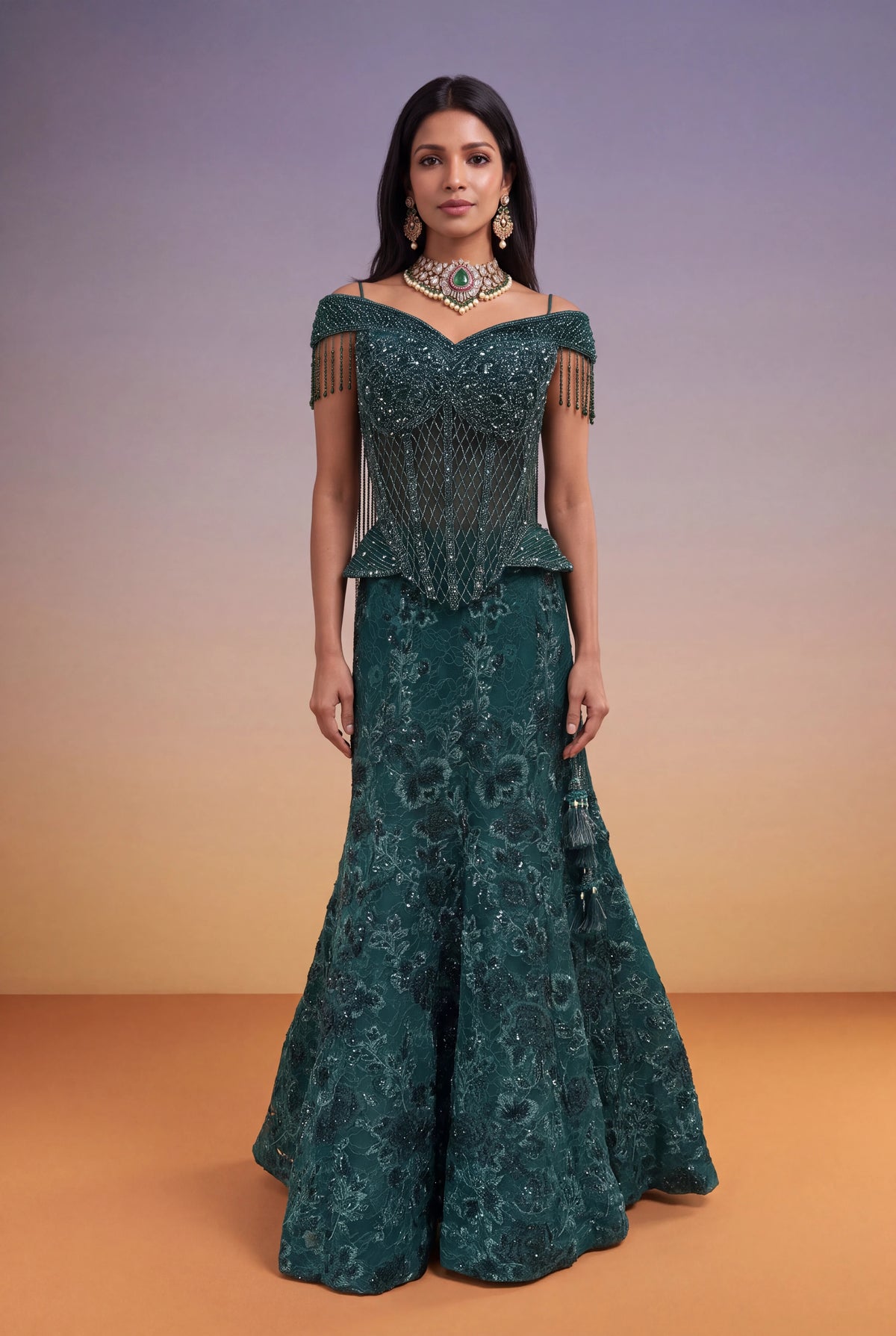 Emerald Green Indo-Western Corset Lehenga - Mokshaa