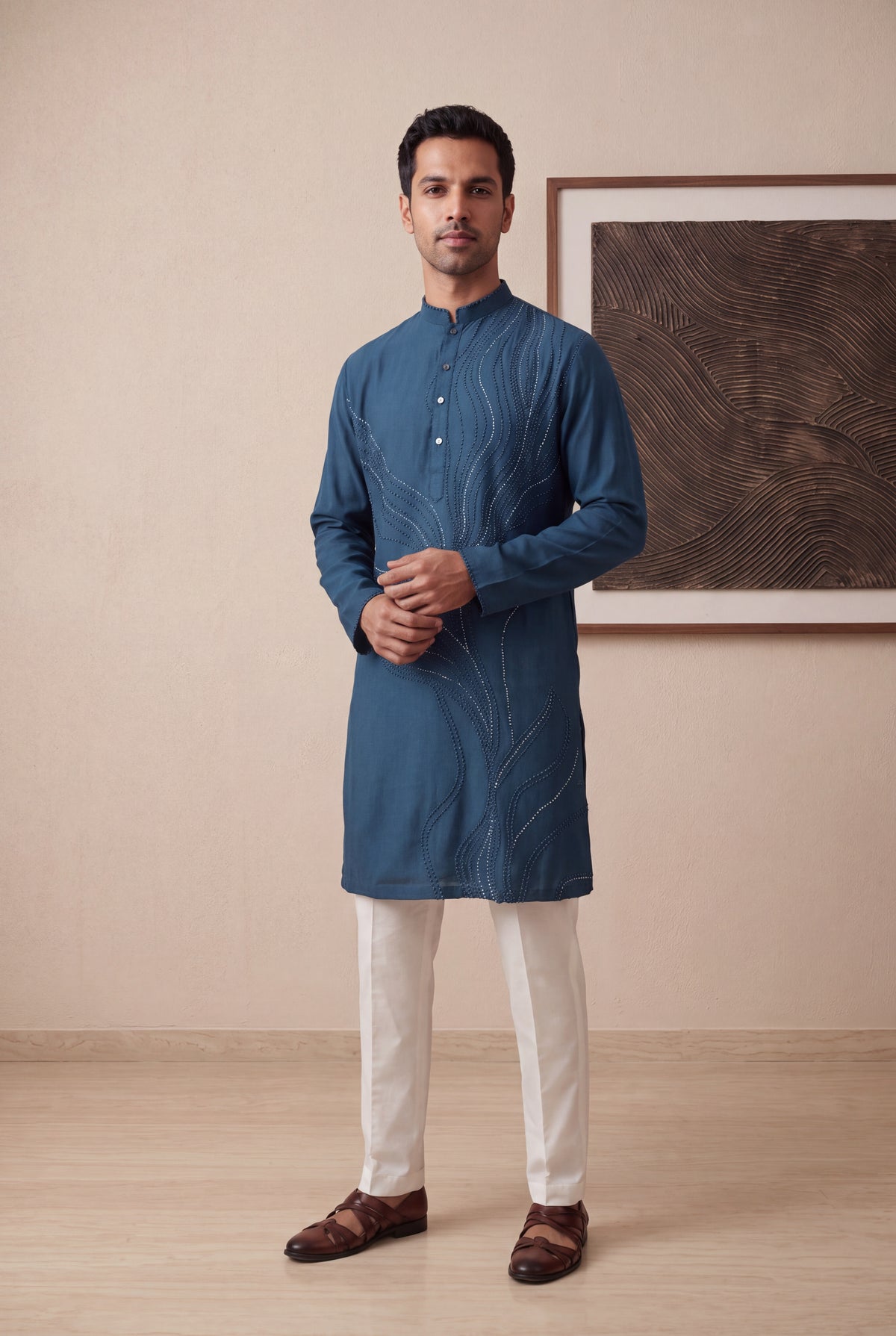 Blue Silk Cotton Kurta Pant Set - Mokshaa