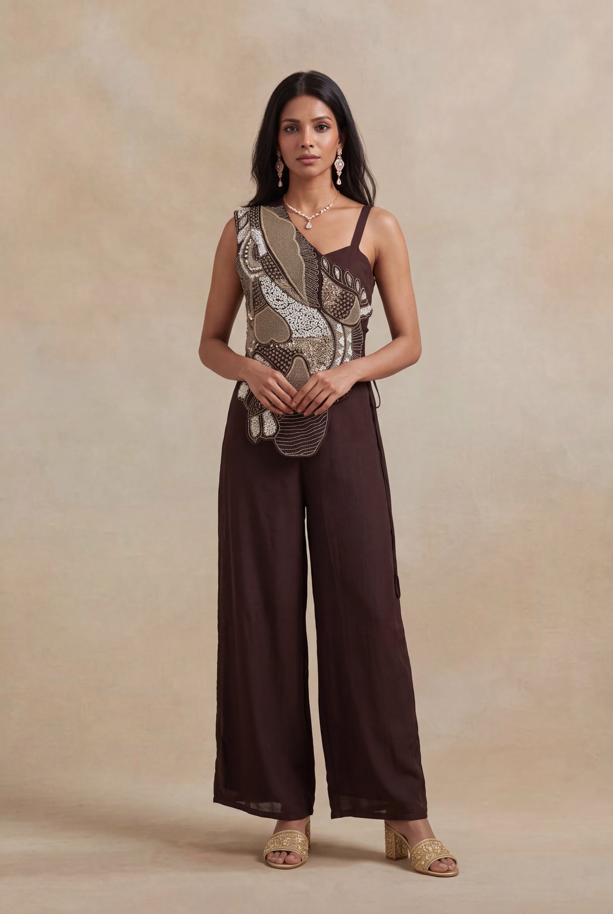 Chocolate Brown Crepe Jumpsuit - Mokshaa