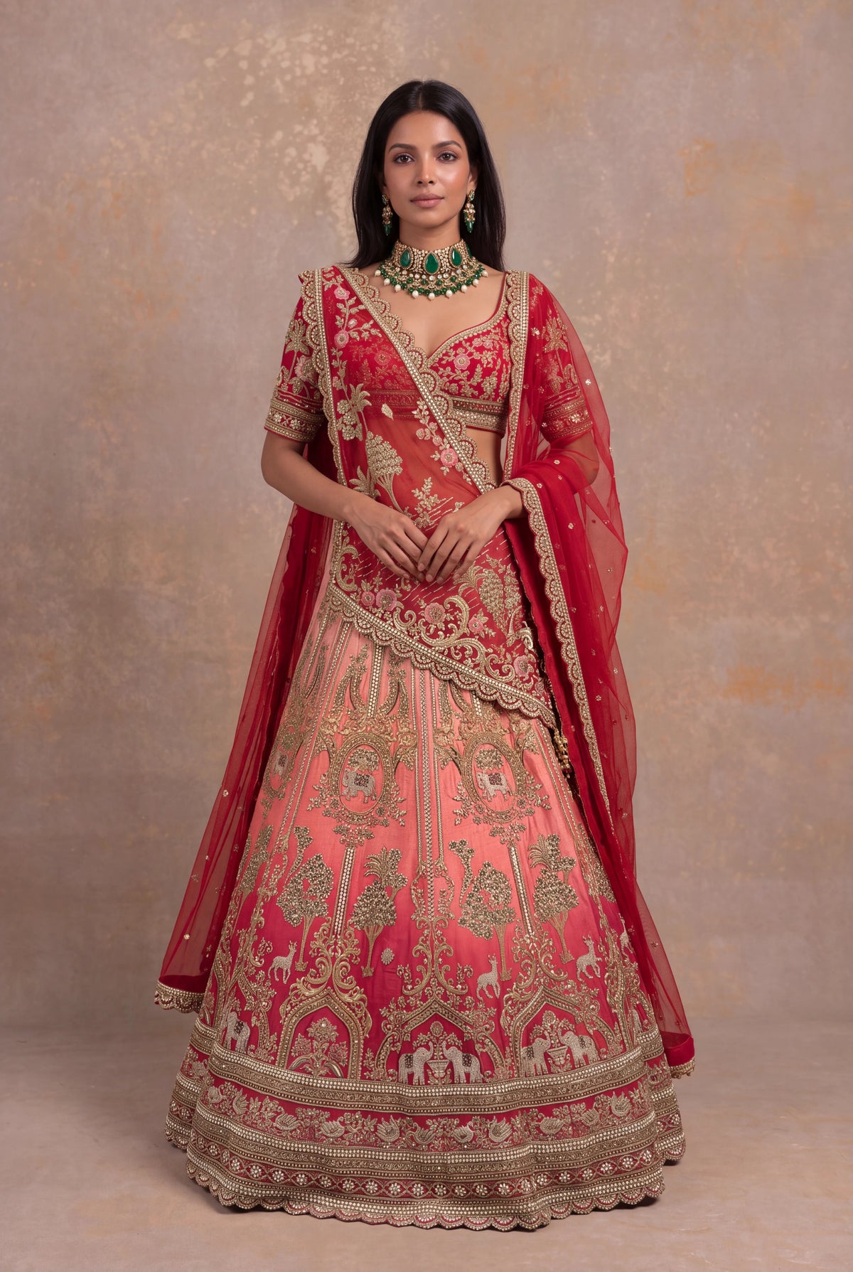 Red & Peach Silk Bridal Lehenga - Mokshaa