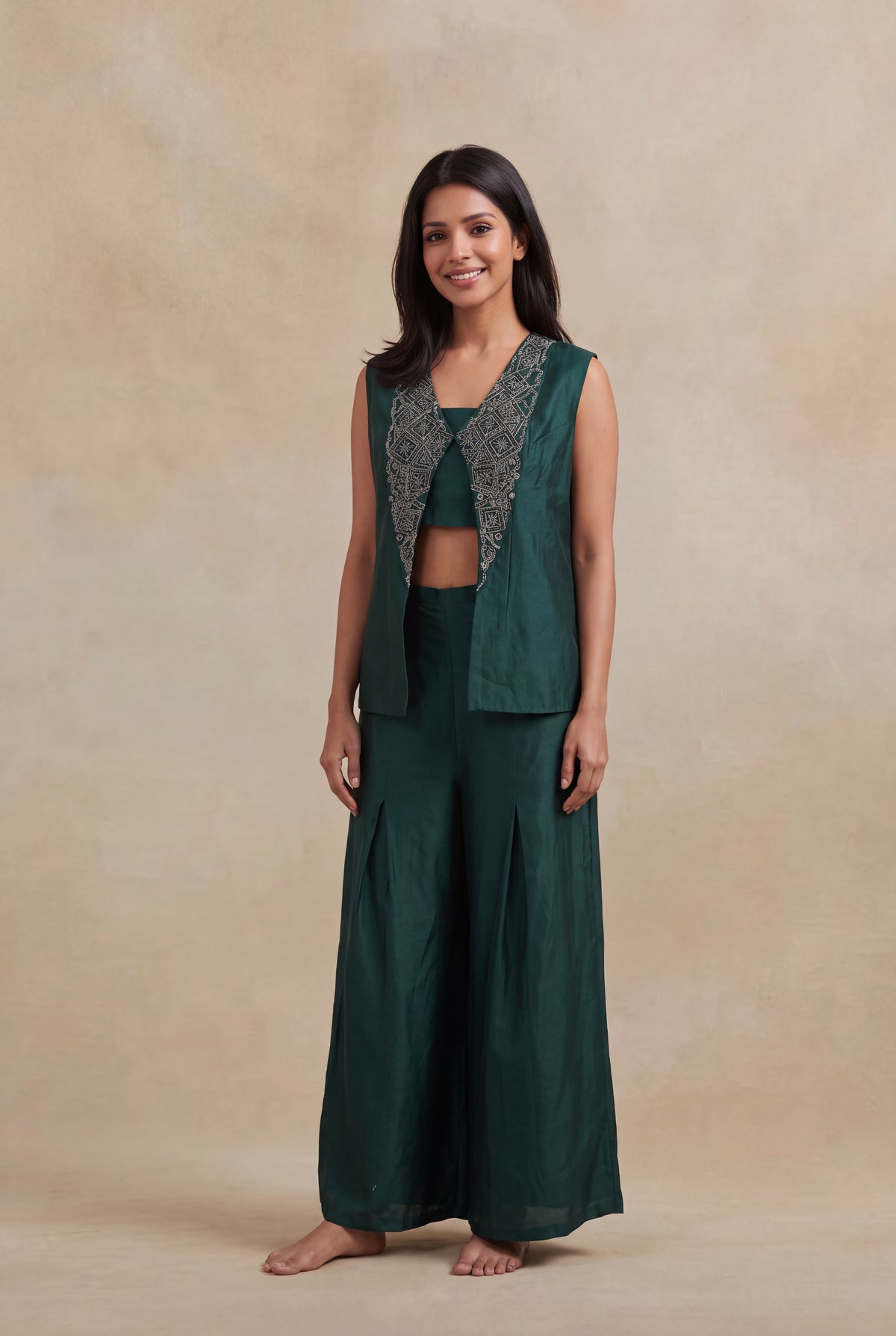 Emerald Green Silk Indo-Western Three-Piece Set - Mokshaa