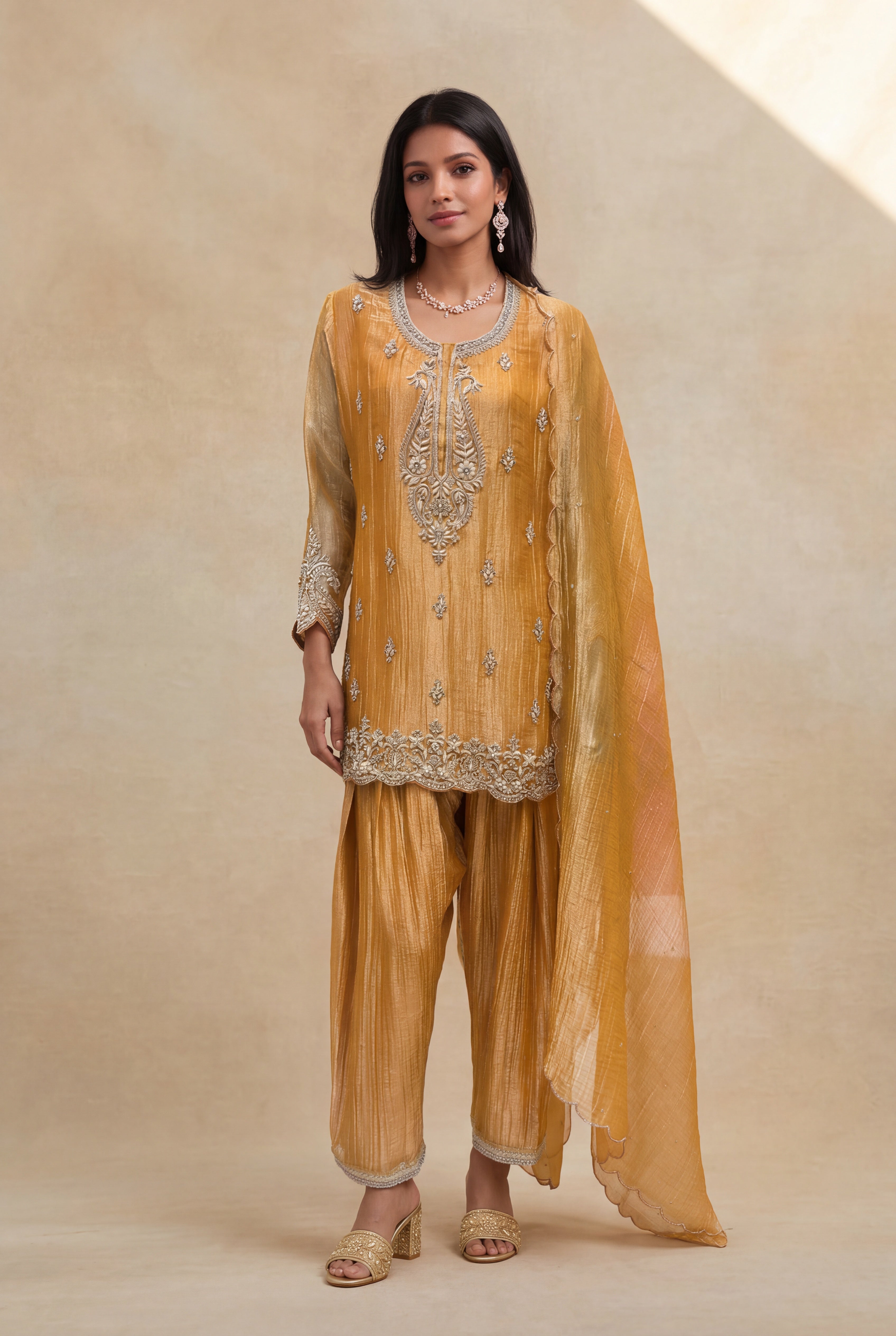 Mustard Yellow Organza Tissue Short Top Sharara Set