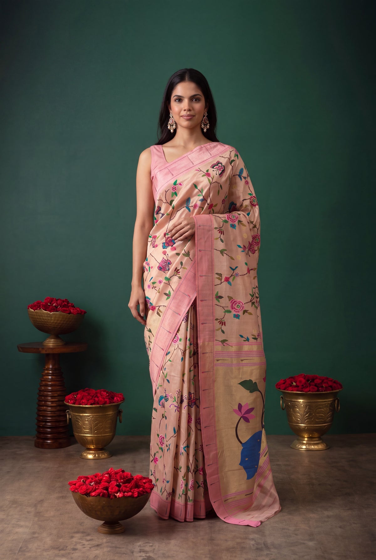 Peach Tissue Paithani Saree with Convent Embroidery and Contrast Pink Border - Mokshaa