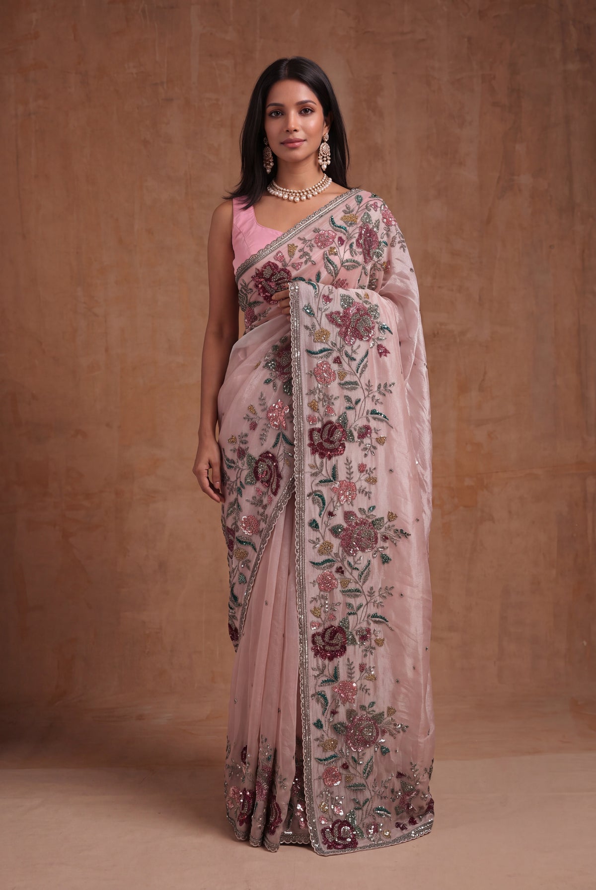 Blush Pink Tissue Organza Floral Sequin Saree - Mokshaa