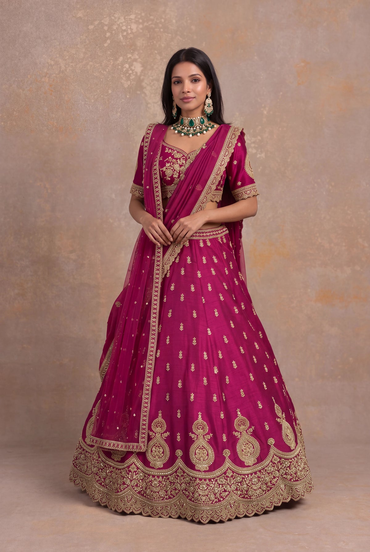 Magenta Raw Silk Lehenga Set with Zardozi and Kundan Work - Mokshaa