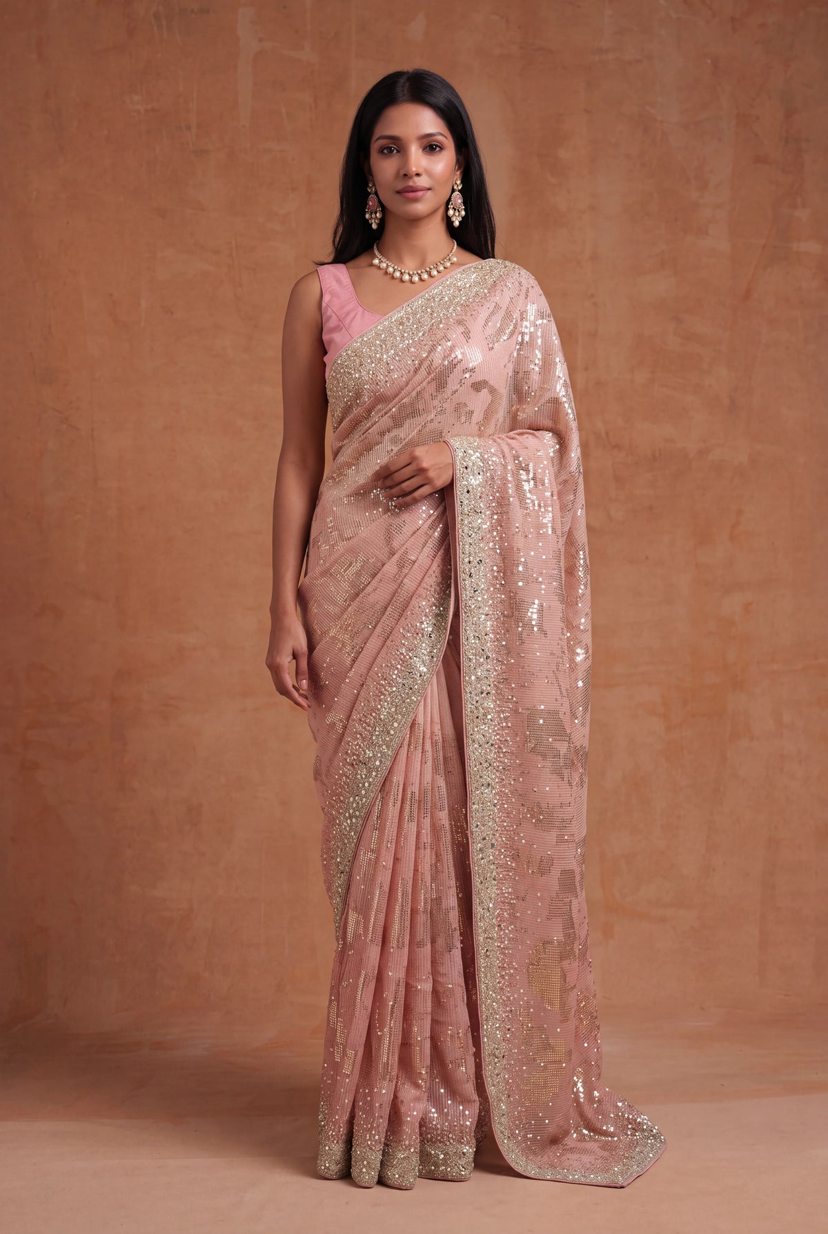 Peach Georgette Saree with Sequin & Mirror Work - Mokshaa