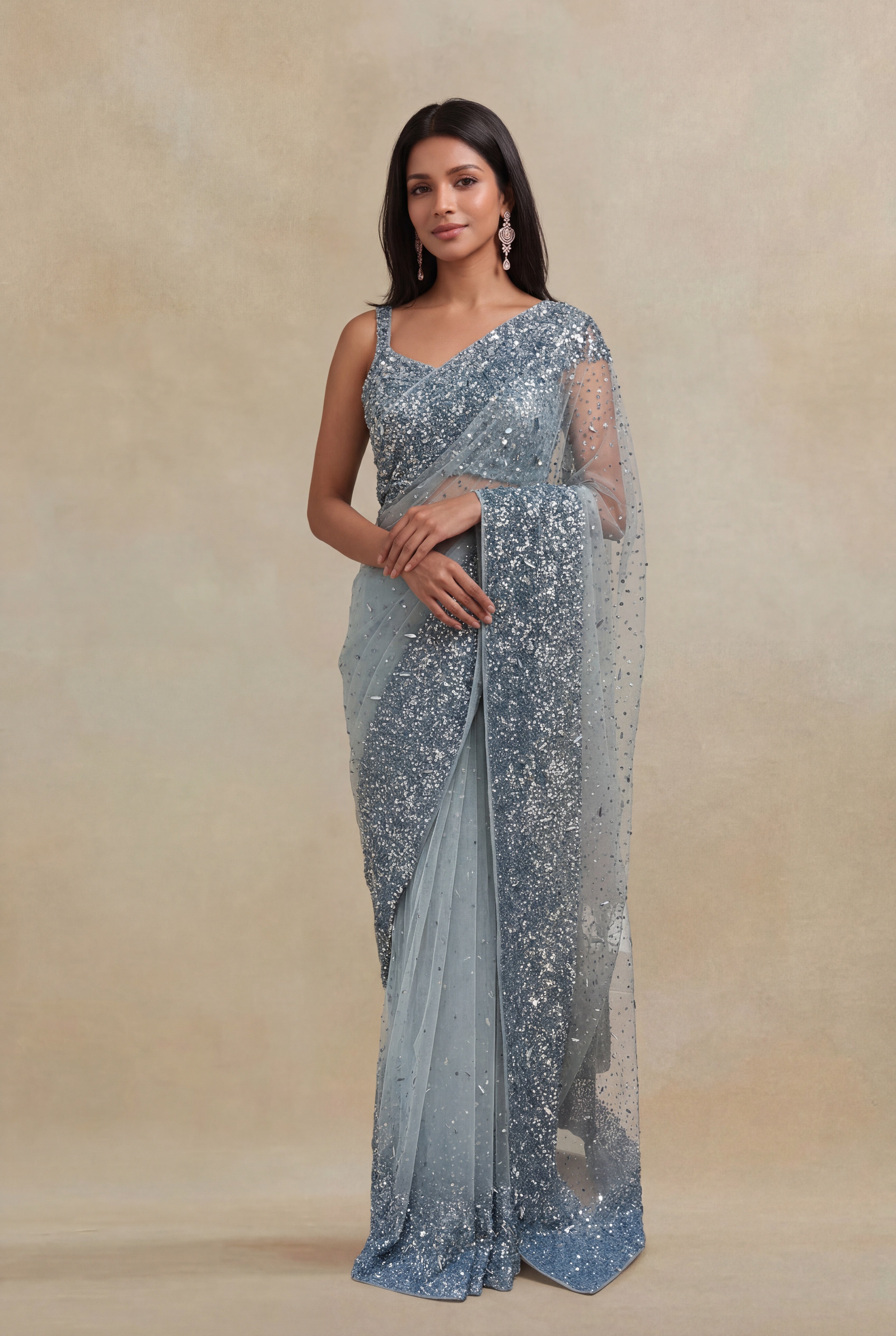 Ice Blue Net Sequins Saree