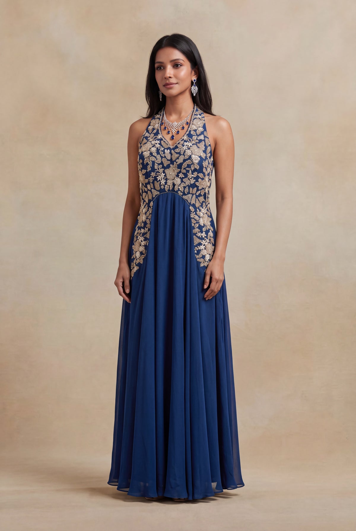 Navy Blue Satin Silk Gown - Mokshaa