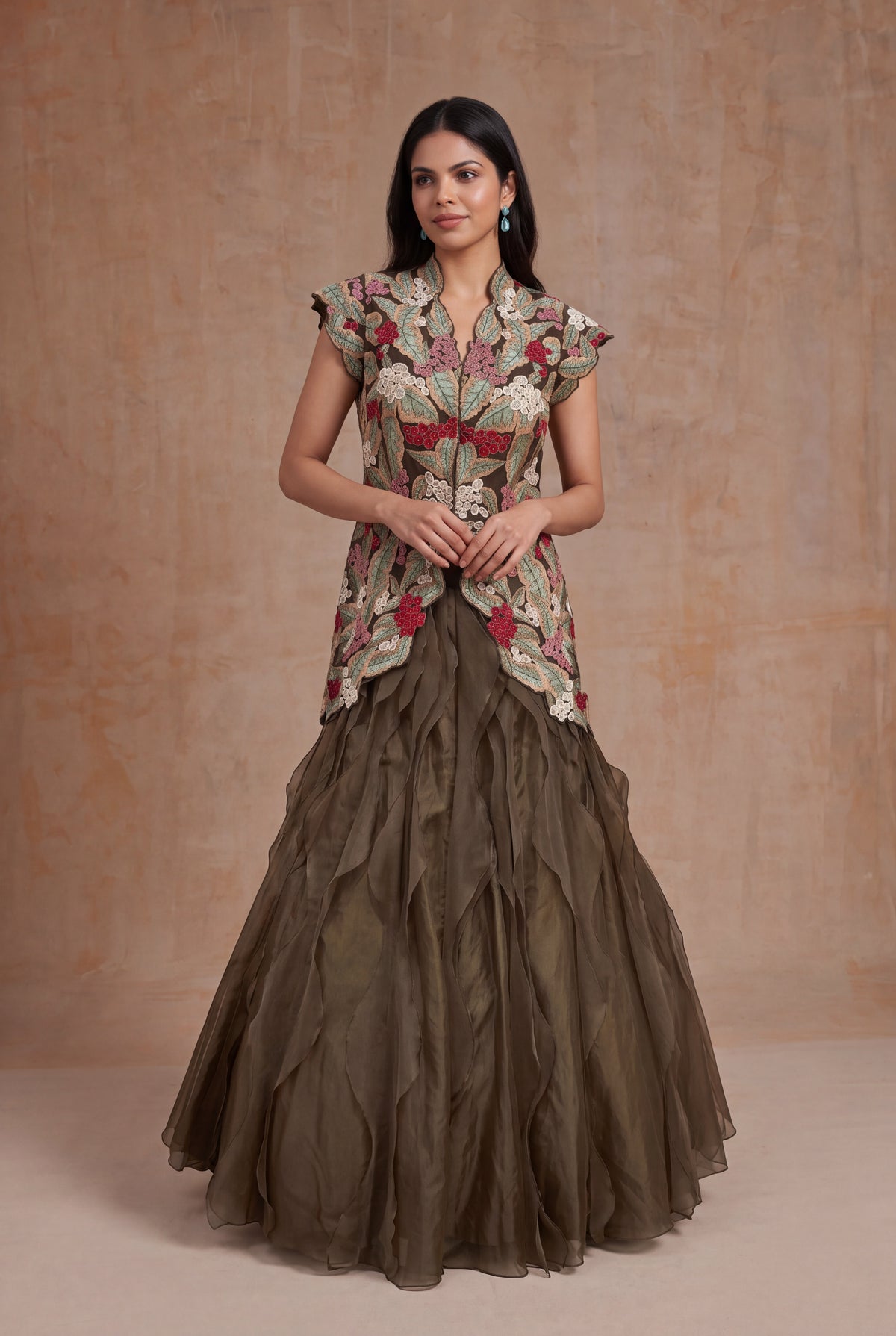 Olive Green Silk & Organza Botanical Embroidery Set - Mokshaa