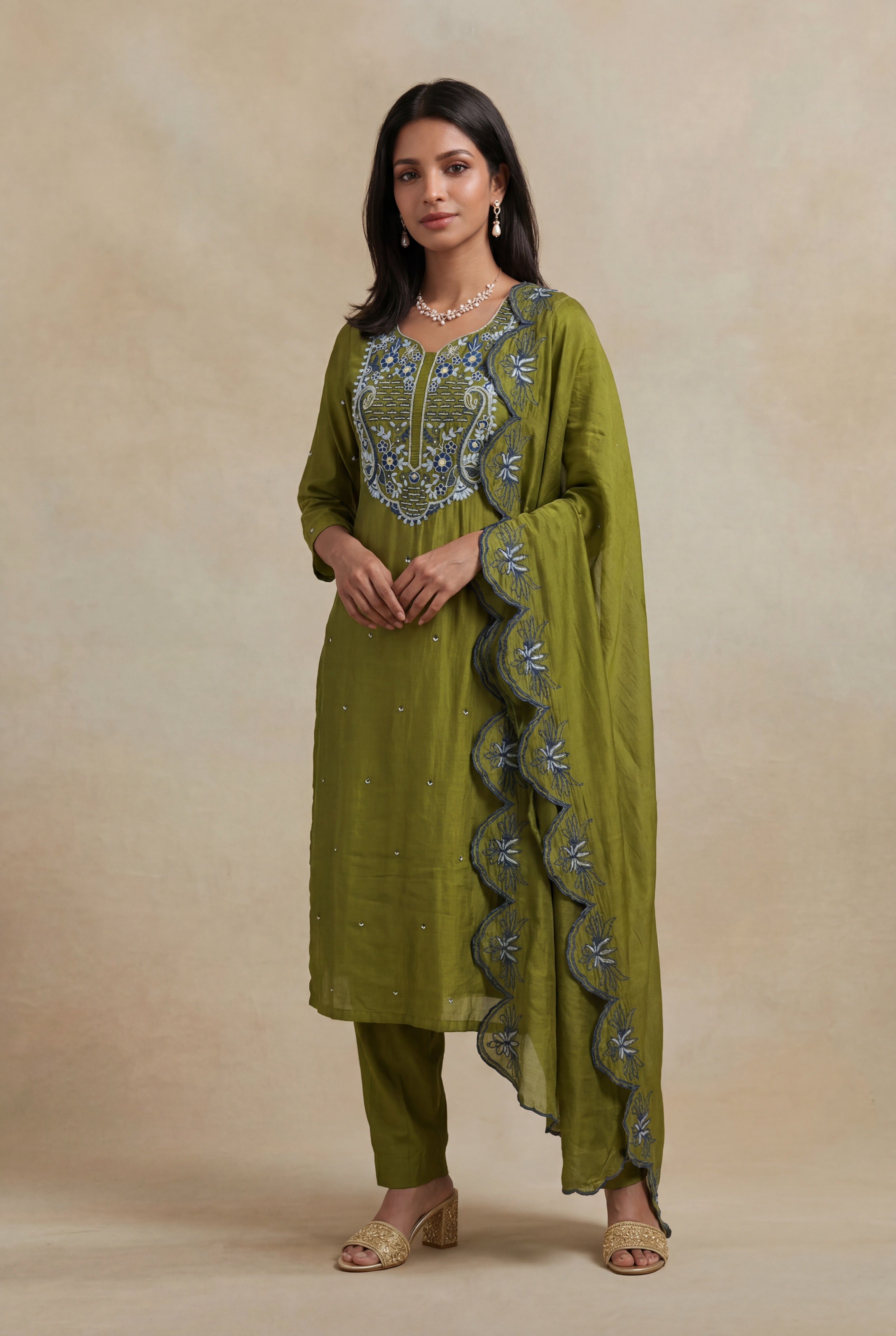 Olive Green Mulmul Cotton Straight Cut Salwar Set