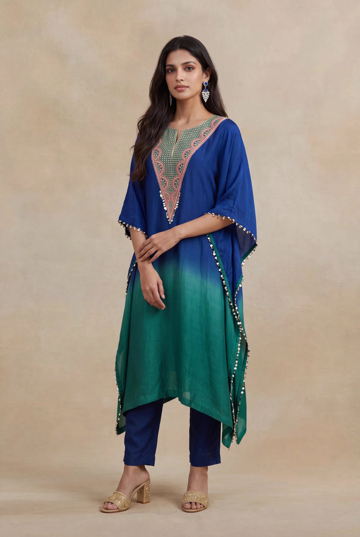 Blue & Emerald Raw Silk Embellished Kaftan Set - Mokshaa