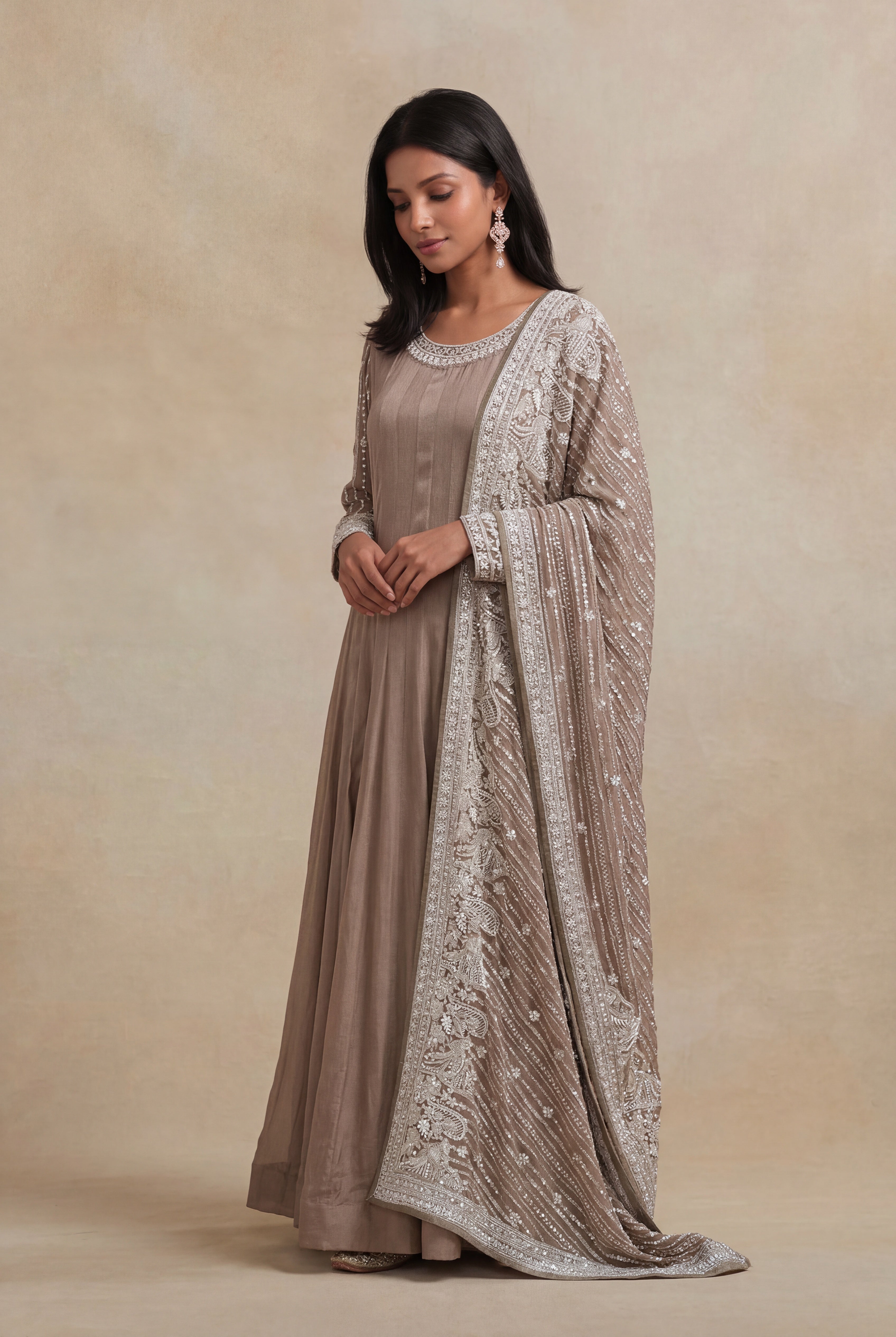 Elephant Grey Grape Fabric Embroidered Anarkali Suit