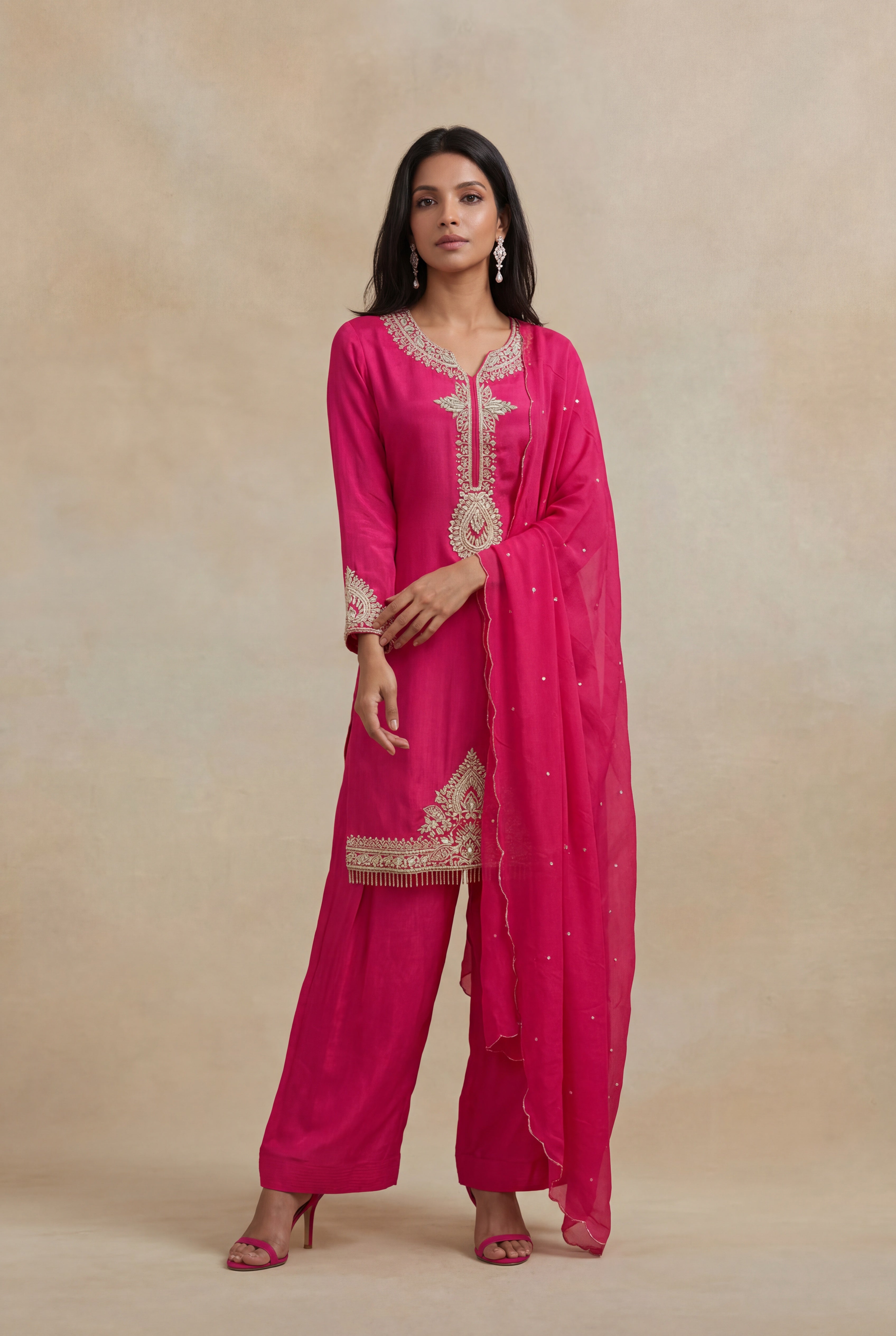 Rani Pink Crepe Embroidered Short Top Sharara Set