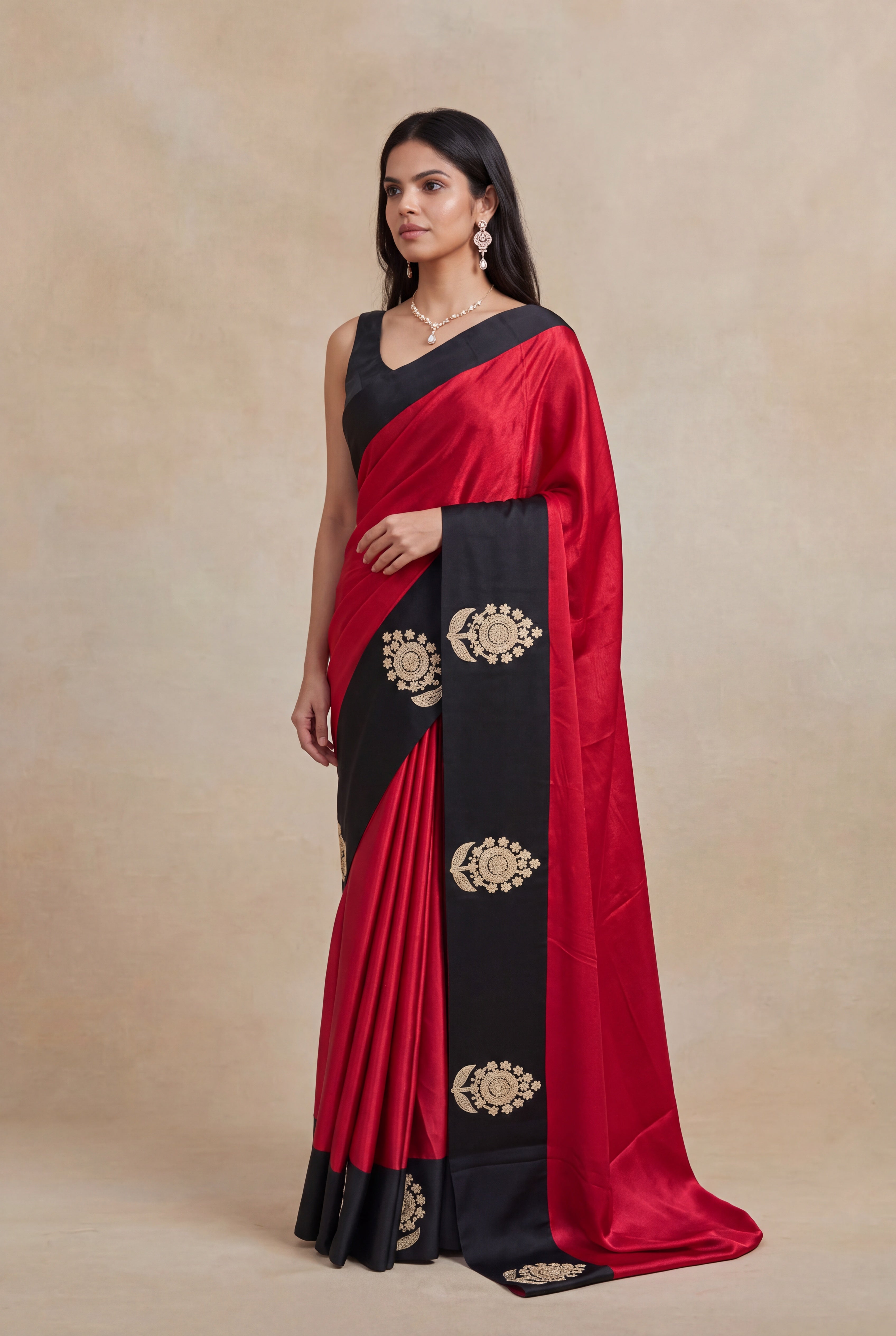 Red Satin Silk Saree with Black Sequin Border